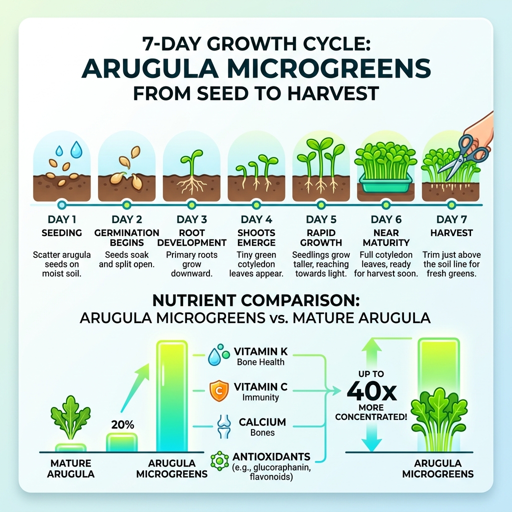 7-day growth cycle of arugula microgreens from seed to harvest with nutrient comparison - benefits of arugula microgreens
