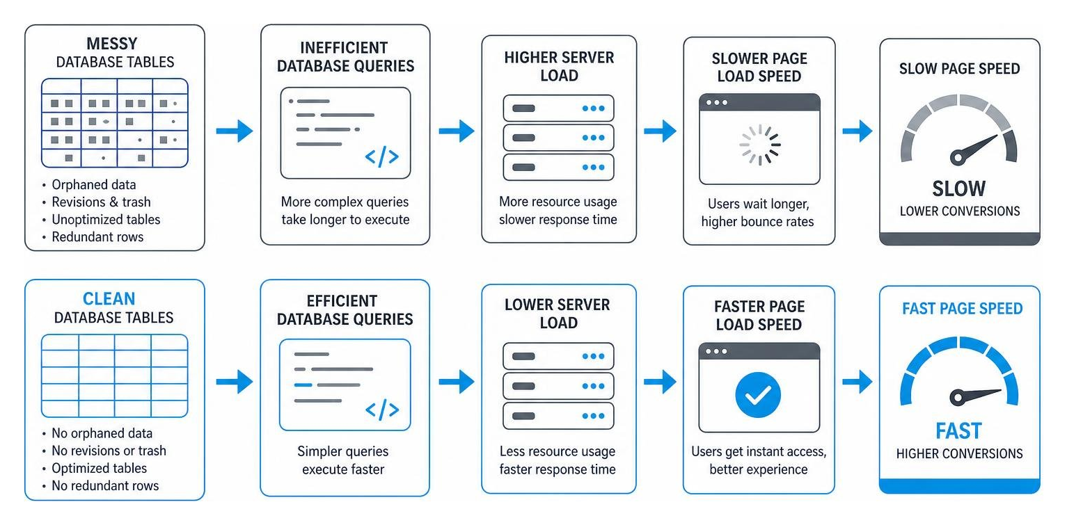 A diagram showing the relationship between clean database tables and faster page load speeds