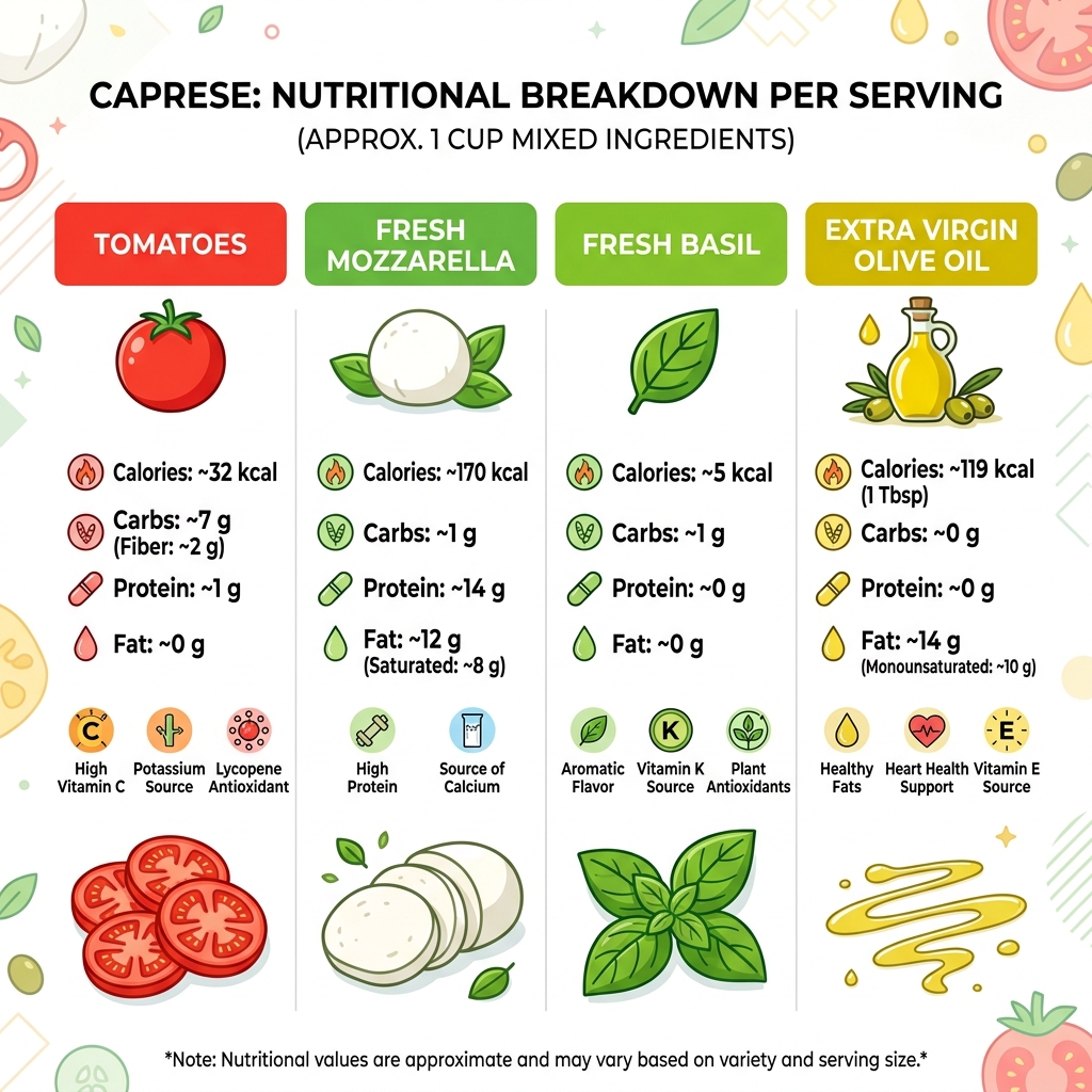 Nutritional breakdown infographic of Caprese components: tomatoes, mozzarella, basil, olive oil calories and macros - tomato Nutritional breakdown infographic of Caprese components: tomatoes, mozzarella, basil, olive oil calories and macros - tomato