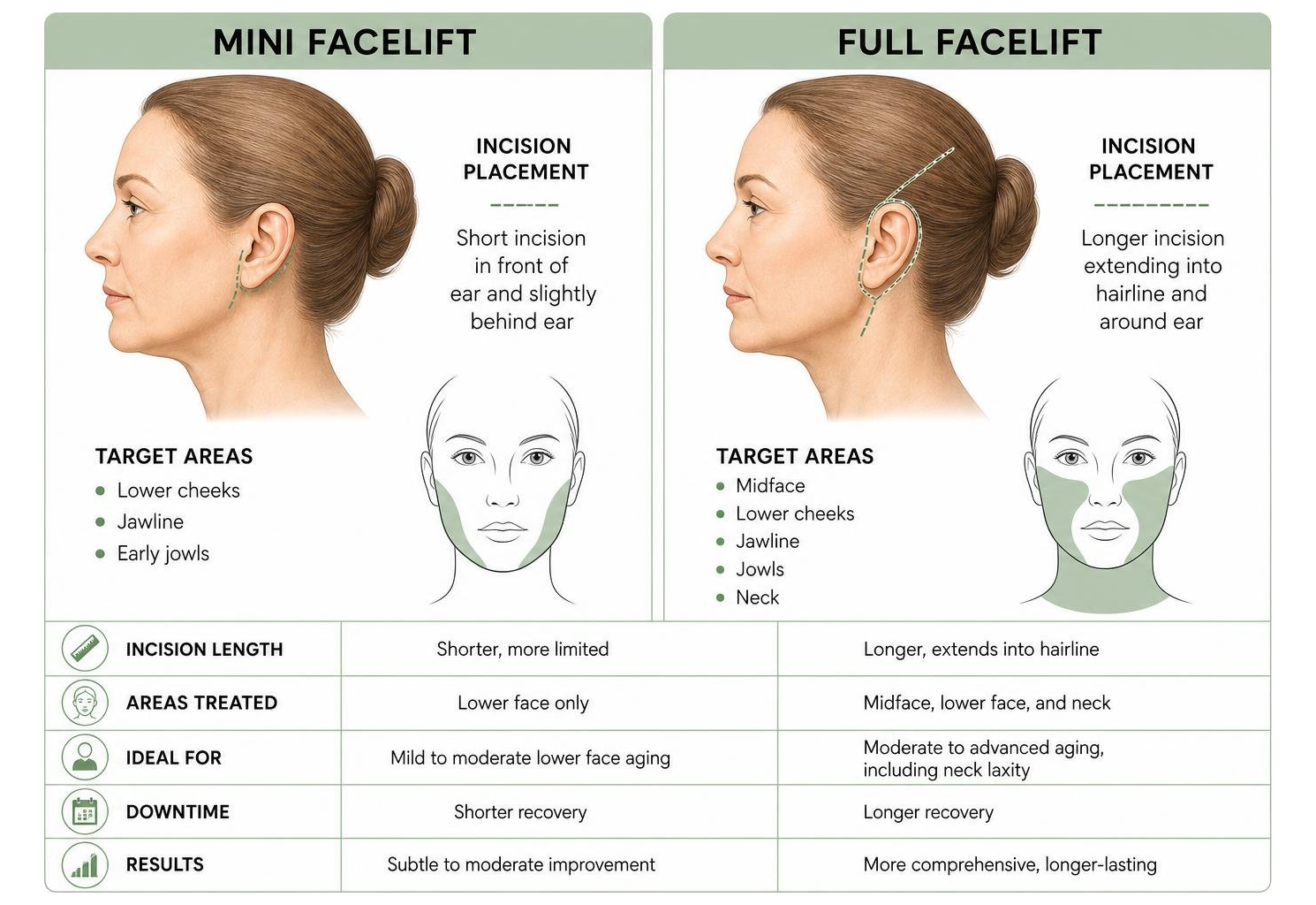 Comparison of mini facelift and full facelift incision placements and target areas Comparison of mini facelift and full facelift incision placements and target areas