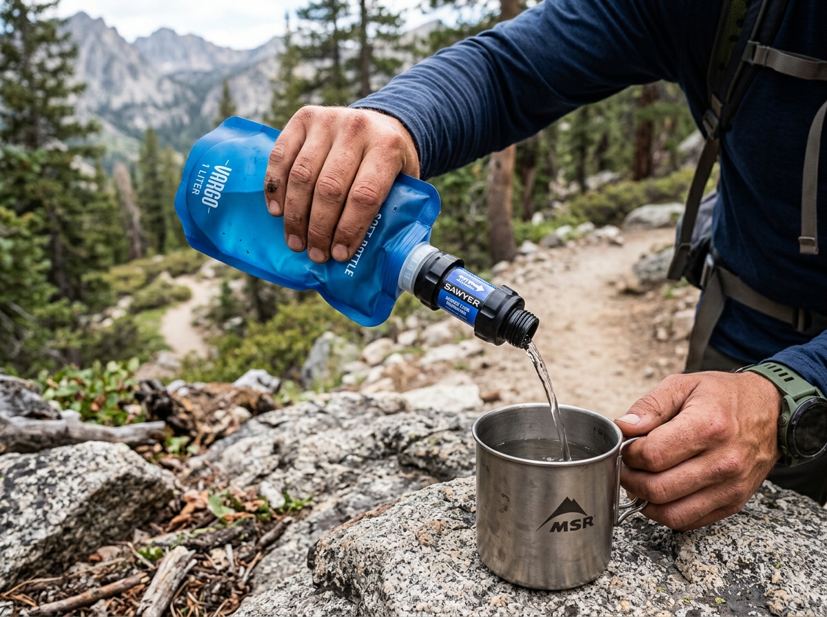 A lightweight squeeze filter attached to a 1-liter collapsible bottle being squeezed into a clean cup - personal water