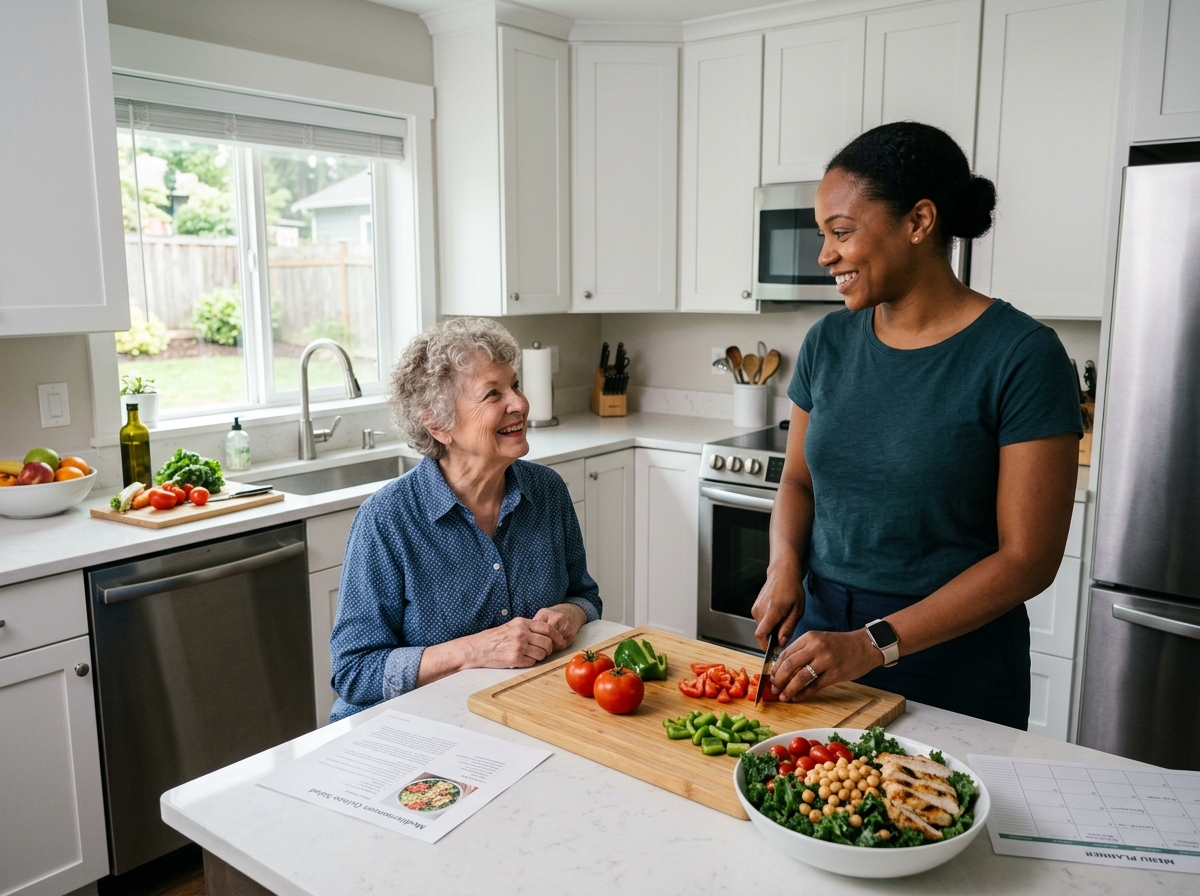 A personal care assistant preparing a healthy meal for a senior in a clean kitchen - Personal care assistant