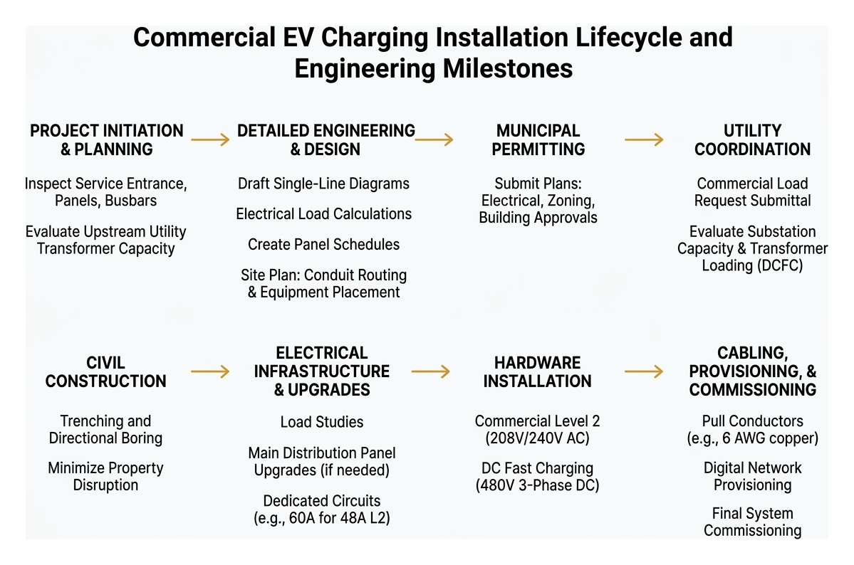 Commercial EV charging installation lifecycle and engineering milestones Commercial EV charging installation lifecycle and engineering milestones