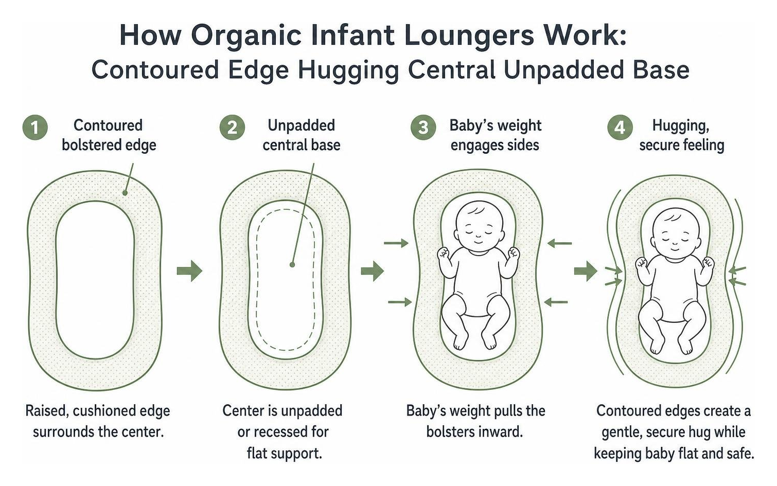 How organic infant loungers work: contoured edge hugging central unpadded base
