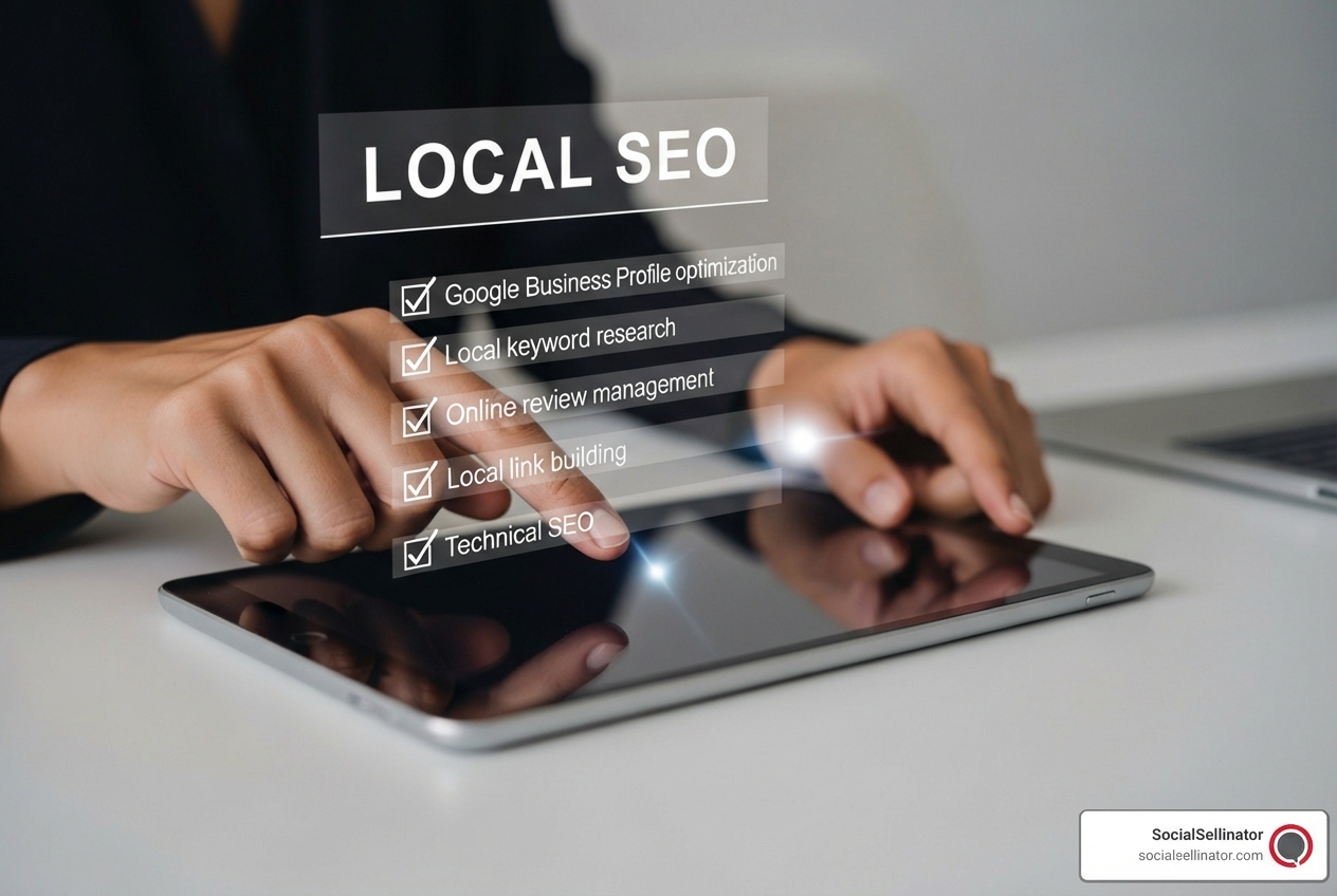 A professional checking off items on a digital checklist for local SEO services, including Google Business Profile optimization, local keyword research, citation building, online review management, local link building, and technical SEO, displayed on a tablet screen. - seo service provider near me A professional checking off items on a digital checklist for local SEO services, including Google Business Profile optimization, local keyword research, citation building, online review management, local link building, and technical SEO, displayed on a tablet screen. - seo service provider near me