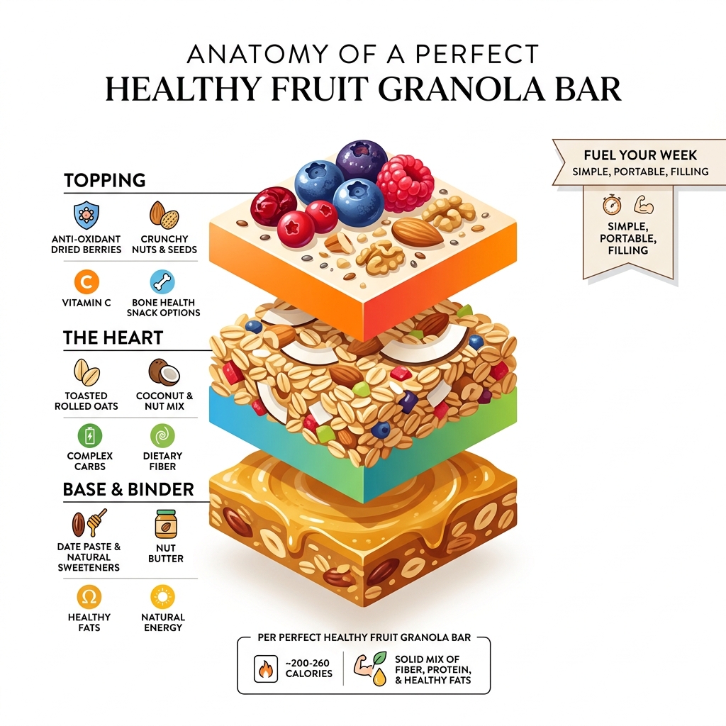 Anatomy of a perfect healthy fruit granola bar showing layers of ingredients and nutrients - healthy fruit granola bars