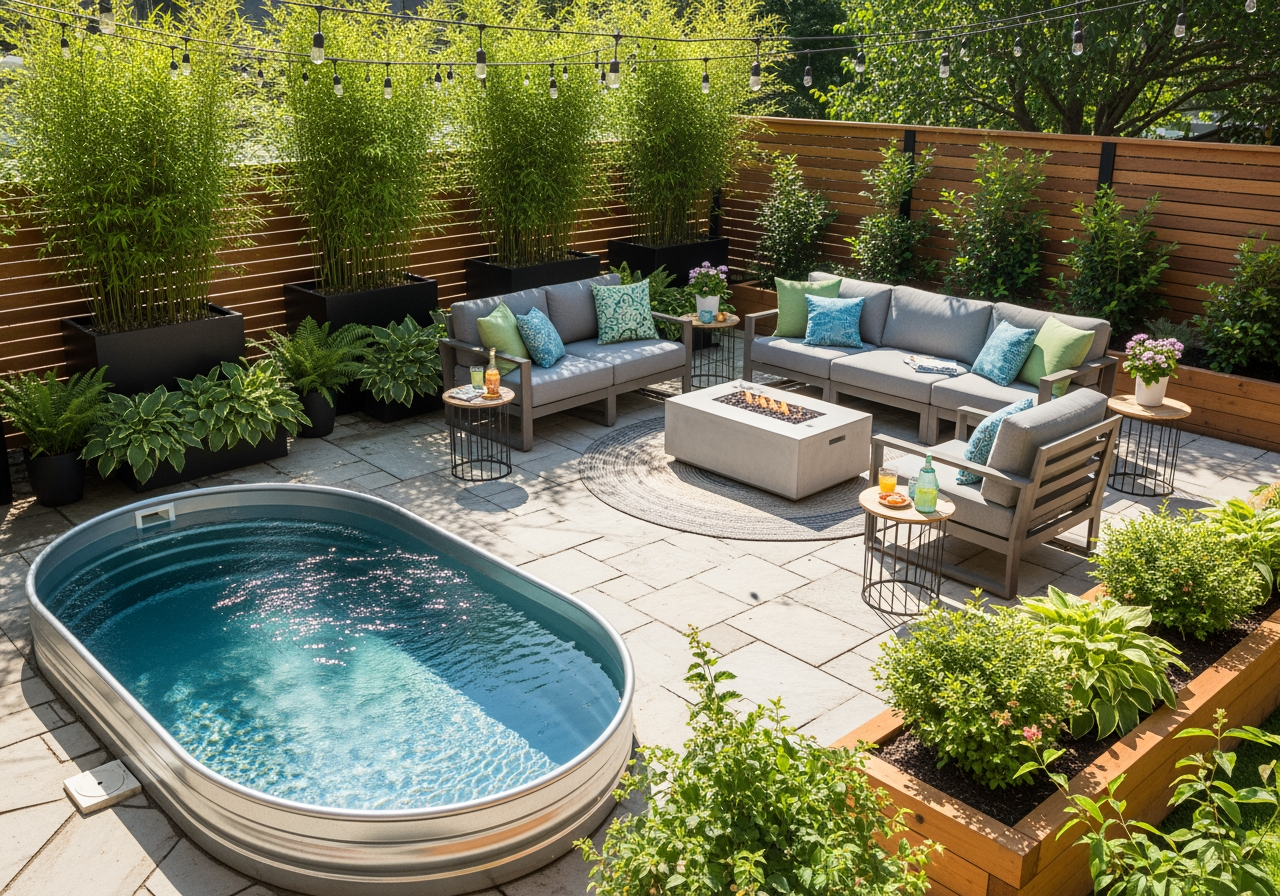 A small backyard with a stylish stock tank pool and lounge area - backyard renovation projects