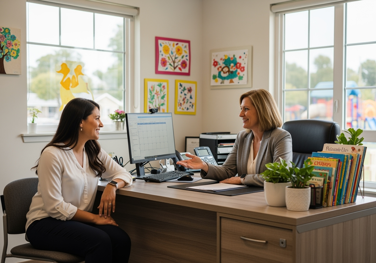 A parent talking with a preschool director - language immersion preschool