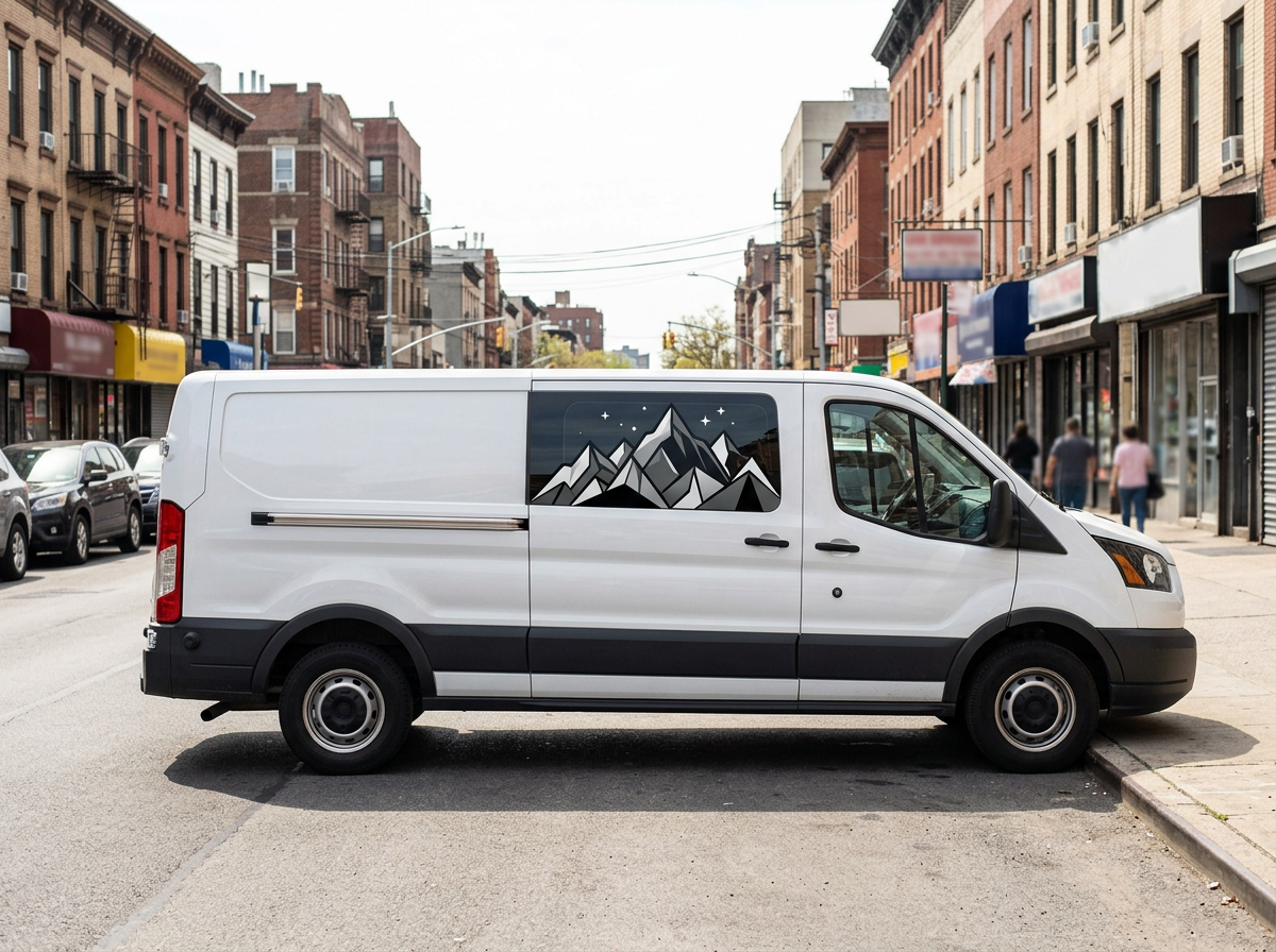 Custom window decals on a commercial van