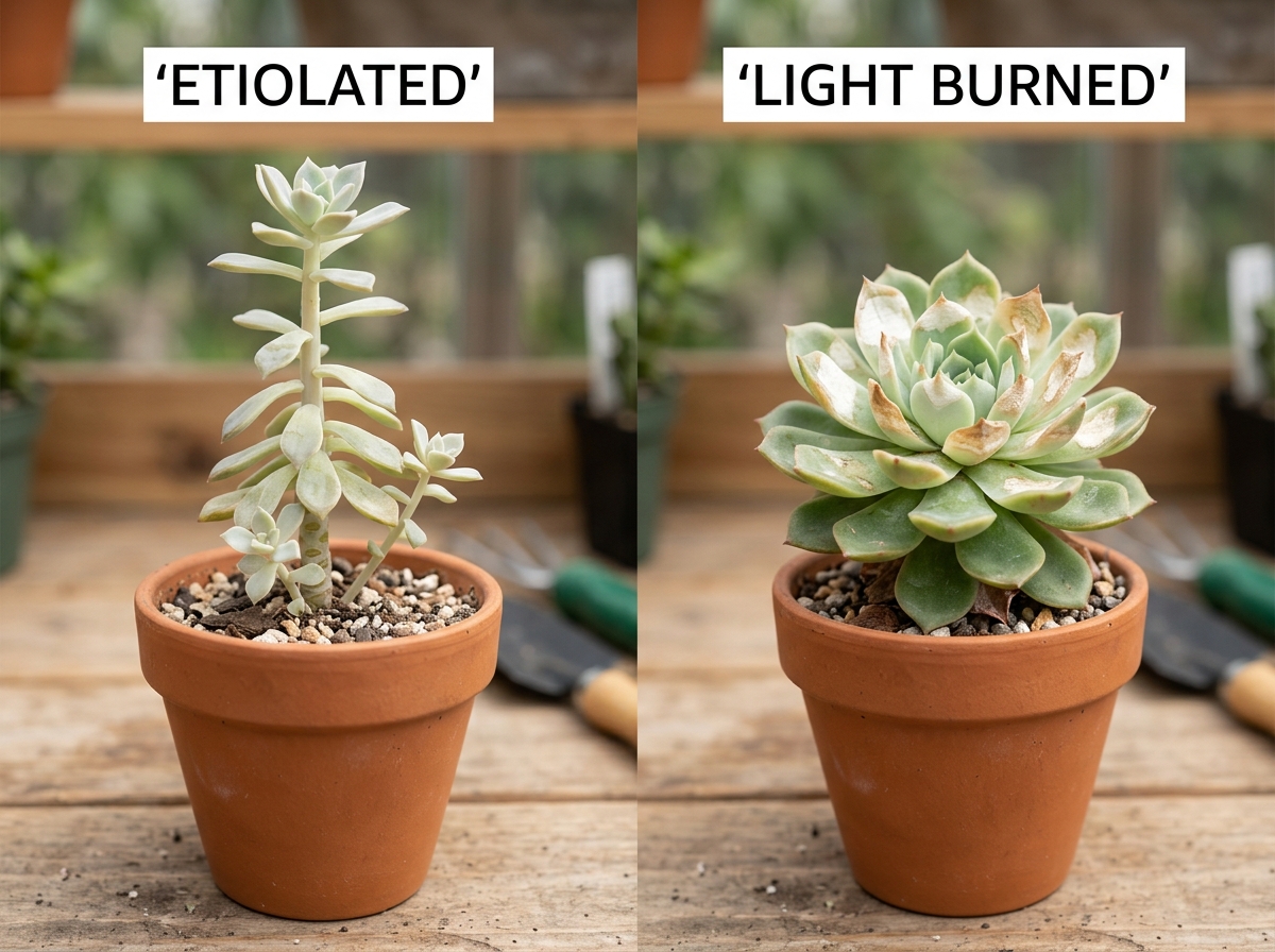 Image comparing etiolated vs. light-burned succulents. Left: Stretched, pale Echeveria. Right: Succulent with white, crispy