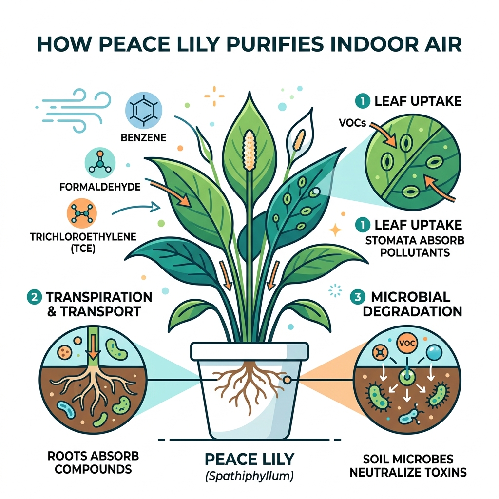 Infographic showing how peace lily removes VOCs benzene formaldehyde TCE from indoor air - peace lily purifies air Infographic showing how peace lily removes VOCs benzene formaldehyde TCE from indoor air - peace lily purifies air