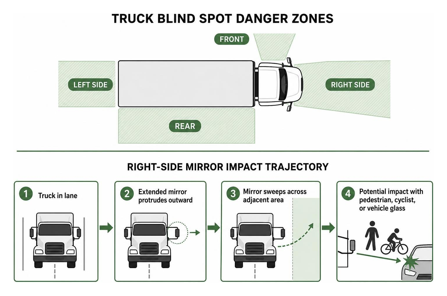Truck blind spot danger zones and mirror impact trajectory