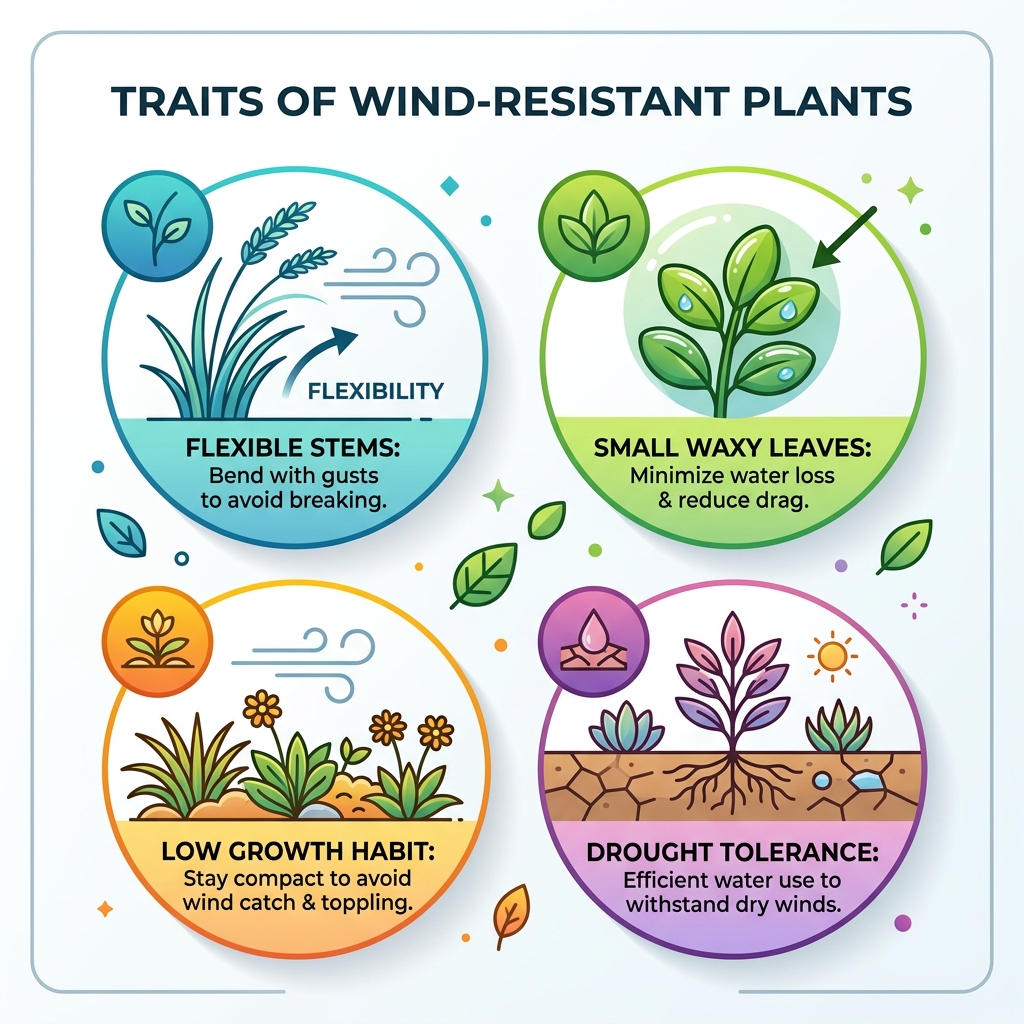 infographic showing wind-resistant plant traits including flexible stems, small waxy leaves, low growth habit, and drought infographic showing wind-resistant plant traits including flexible stems, small waxy leaves, low growth habit, and drought