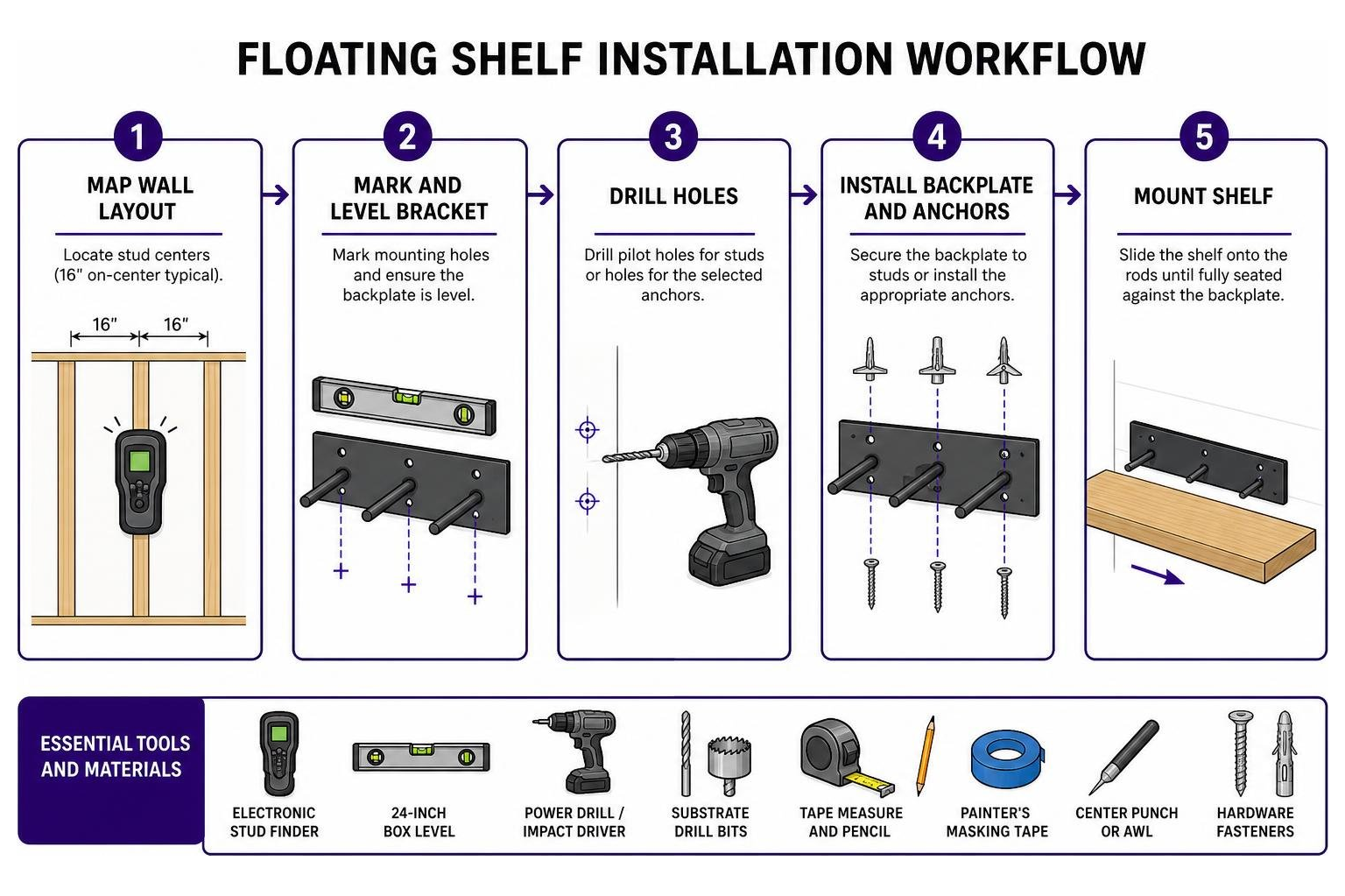 Floating shelf installation workflow sequence