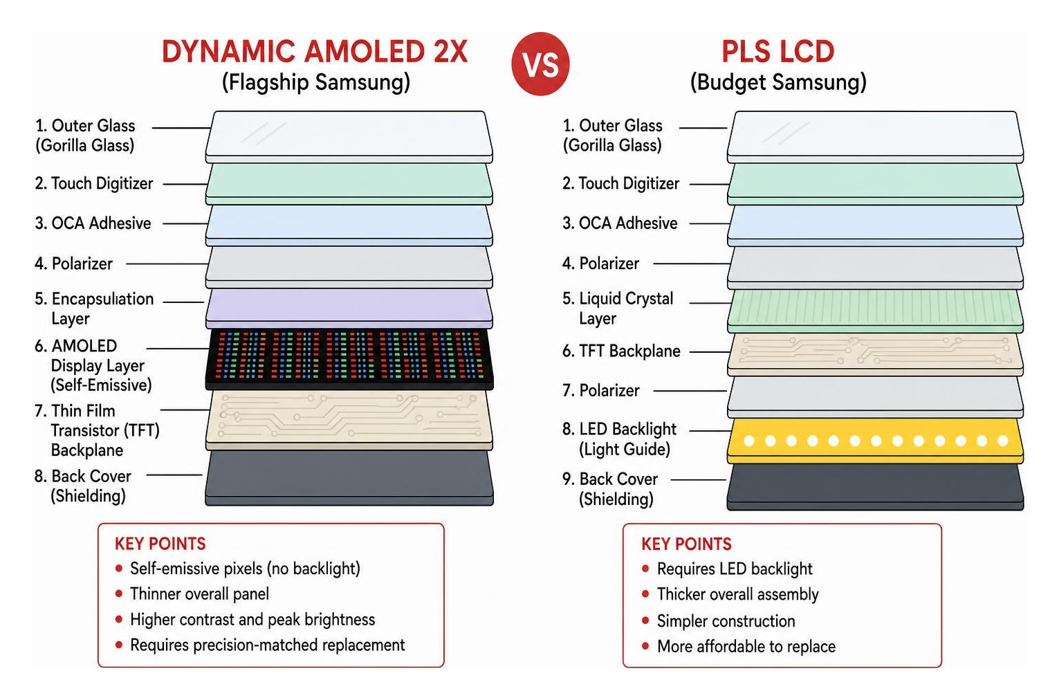 Samsung Dynamic AMOLED vs budget LCD display layer breakdown