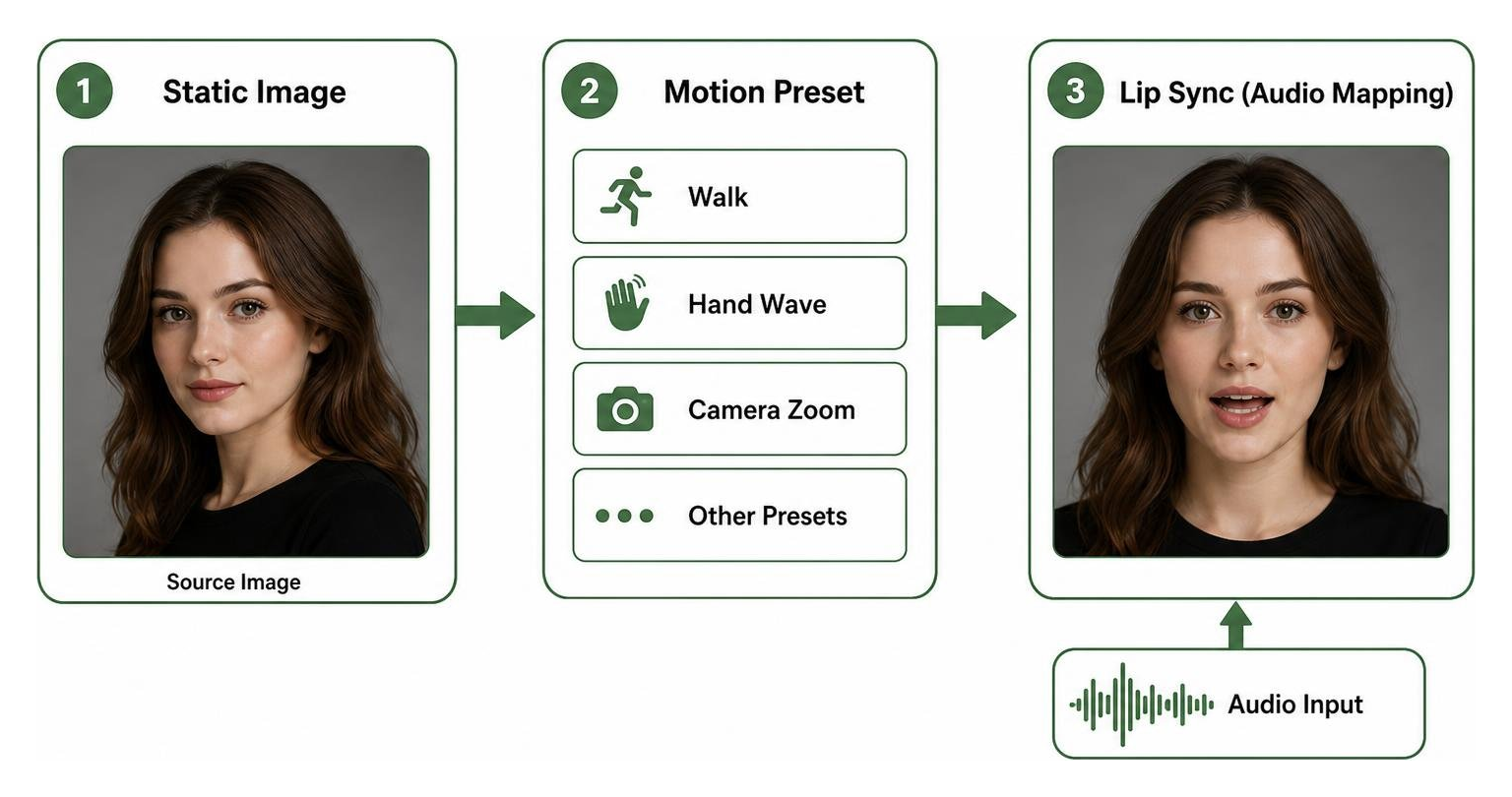 Workflow diagram: static image to motion preset to lip sync audio mapping