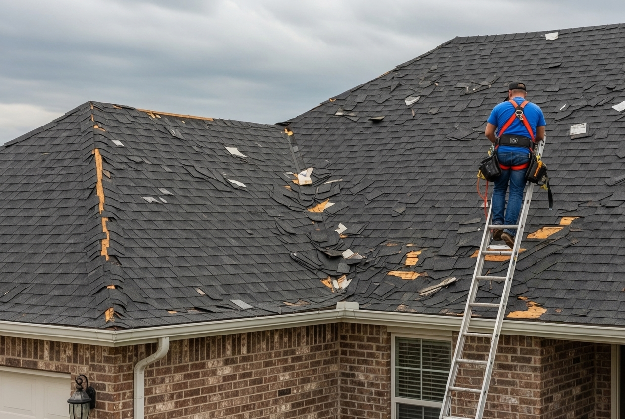 Infographic showing three immediate emergency roof response steps: Step 1 - Assess safety and evacuate if needed with icons for electrical hazards and structural damage; Step 2 - Document all damage with photos, videos, and written notes for insurance; Step 3 - Contact licensed local contractor for emergency tarping and assessment within 24 hours, plus notify insurance company immediately - emergency roof additions in hillsboro, or