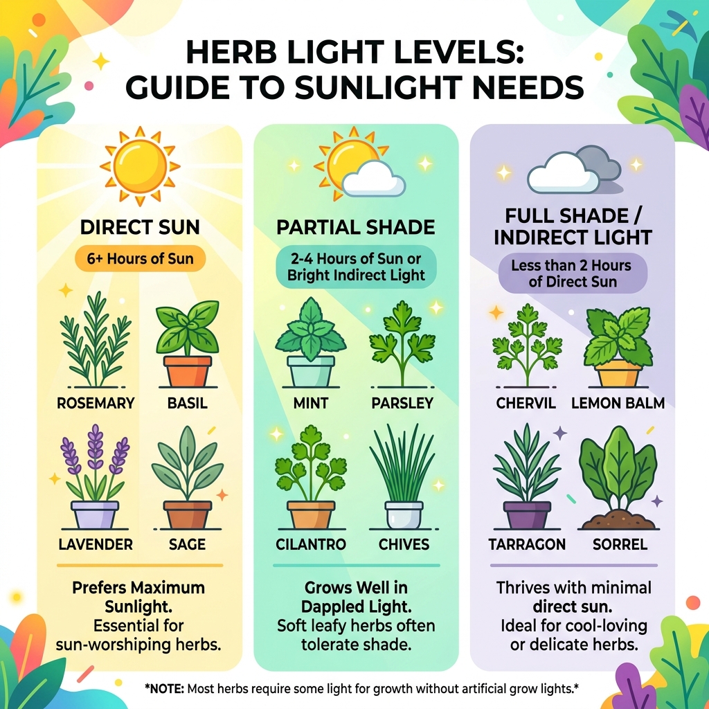 infographic showing light levels for herbs: direct sun vs partial shade vs full shade with herb examples - what herbs can infographic showing light levels for herbs: direct sun vs partial shade vs full shade with herb examples - what herbs can