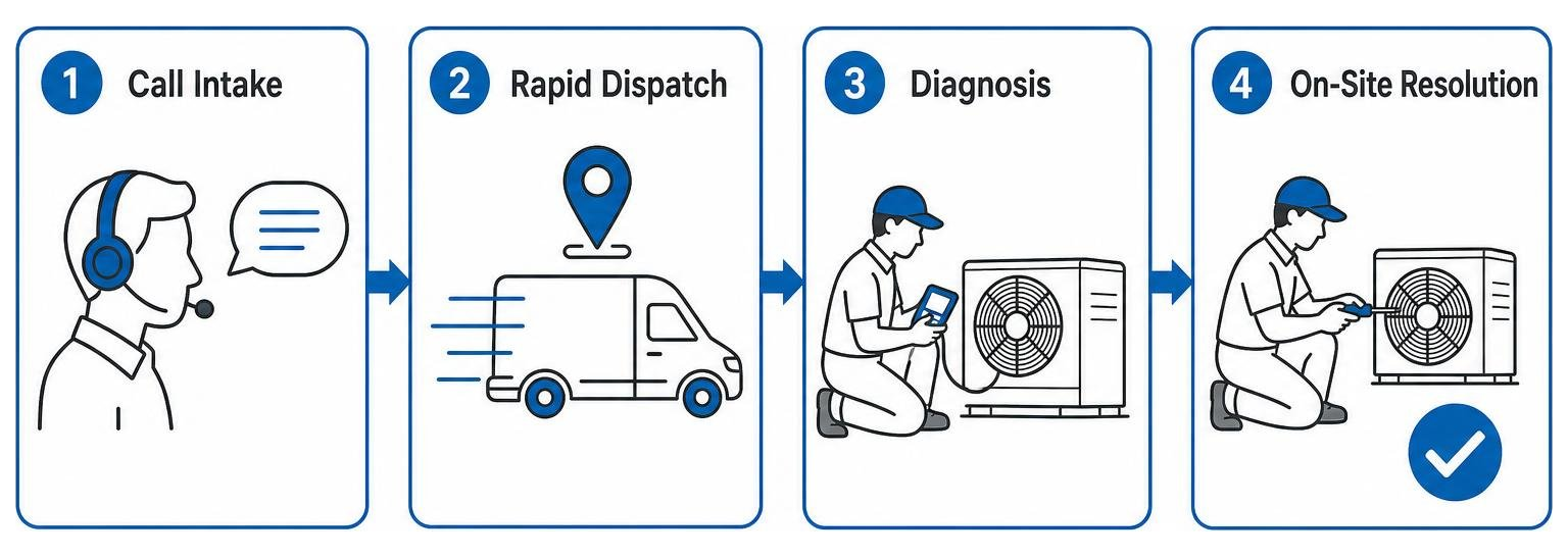 Emergency AC repair workflow: call intake, rapid dispatch, diagnosis, on-site resolution