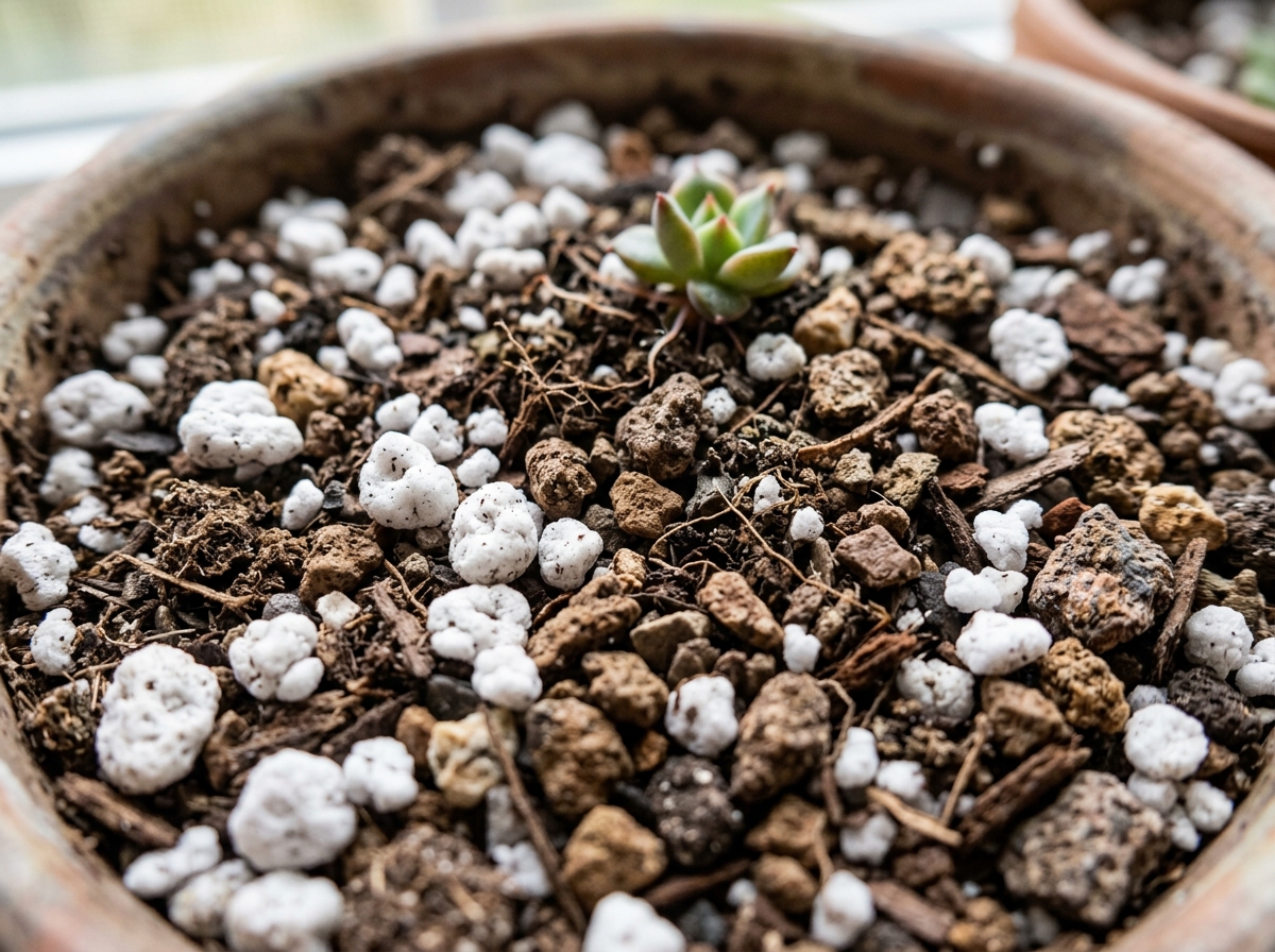 Porous soil texture close-up showing perlite and grit - succulent propagation soil