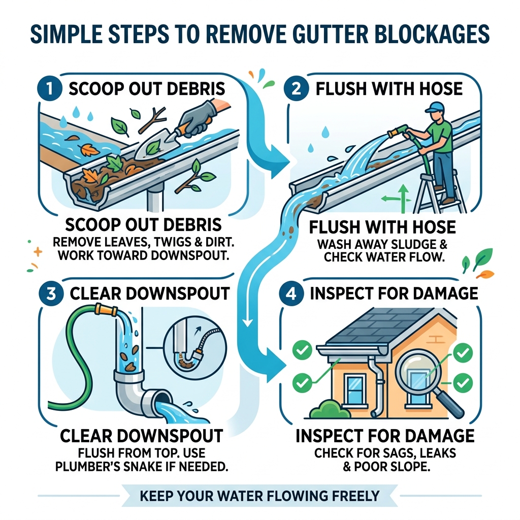 Infographic showing step-by-step gutter blockage removal process from debris scooping to downspout flushing - gutter