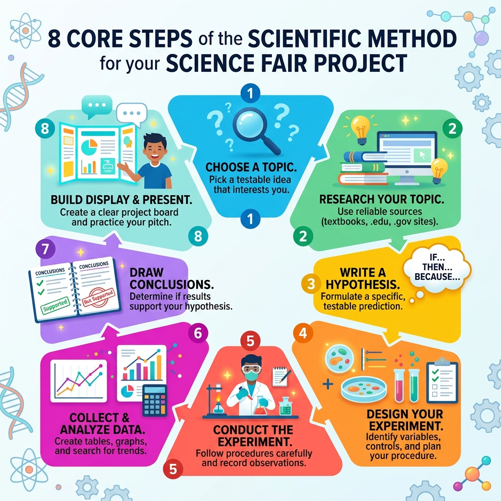 8 core steps of the scientific method for a science fair project infographic - science fair project step by step