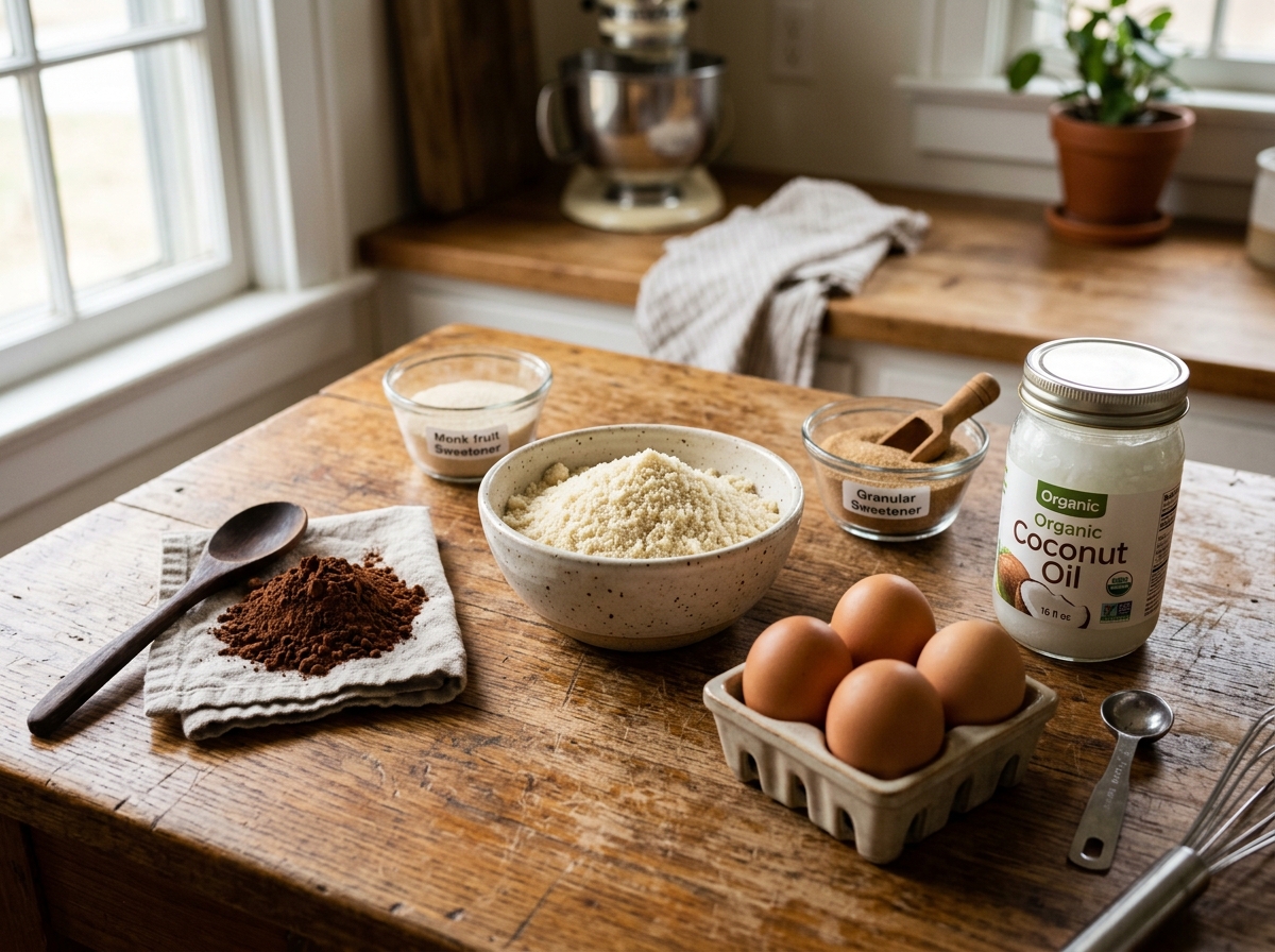 Ingredients for easy almond flour brownies: blanched almond flour, cocoa powder, eggs, coconut oil, and sweetener - easy Ingredients for easy almond flour brownies: blanched almond flour, cocoa powder, eggs, coconut oil, and sweetener - easy