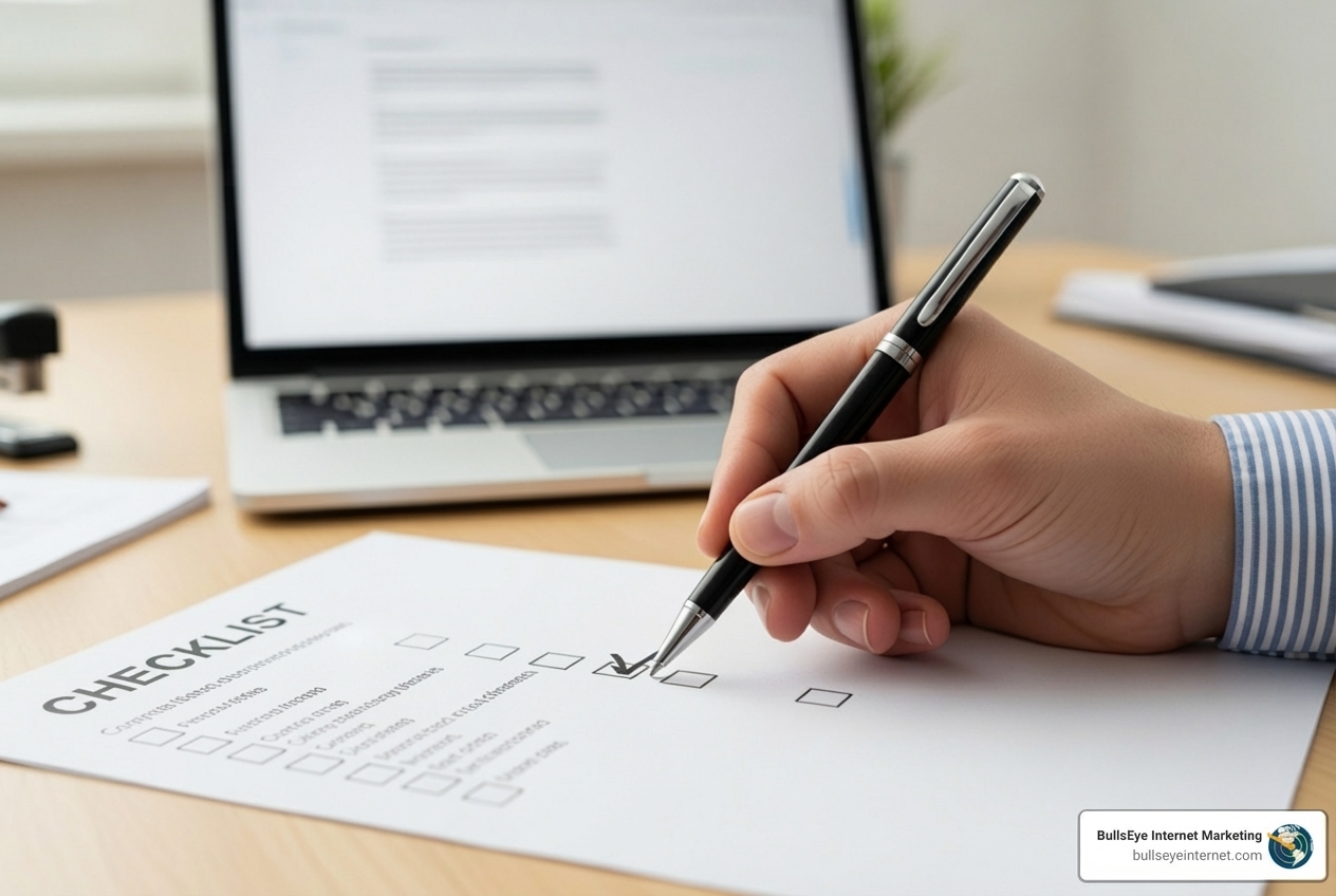 Hand checking off items on a checklist for hiring a WordPress website design firm, with a laptop in the background, emphasizing the importance of project goals and business objectives.