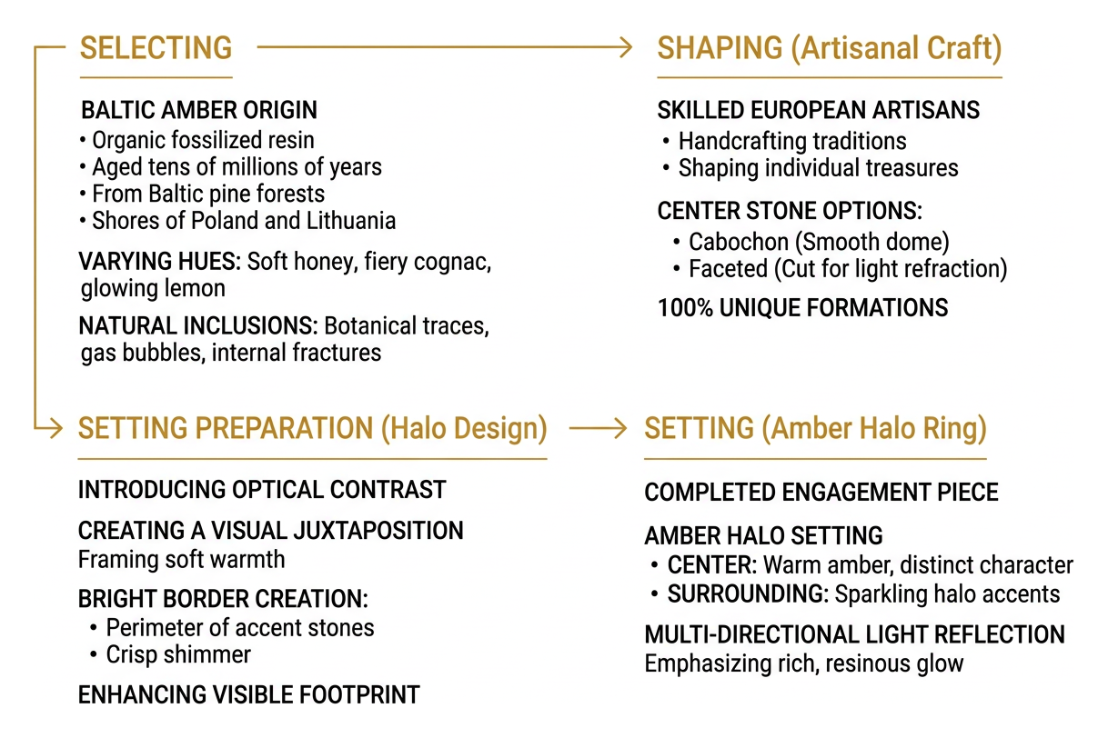 comparison process of selecting, shaping, and setting Baltic amber