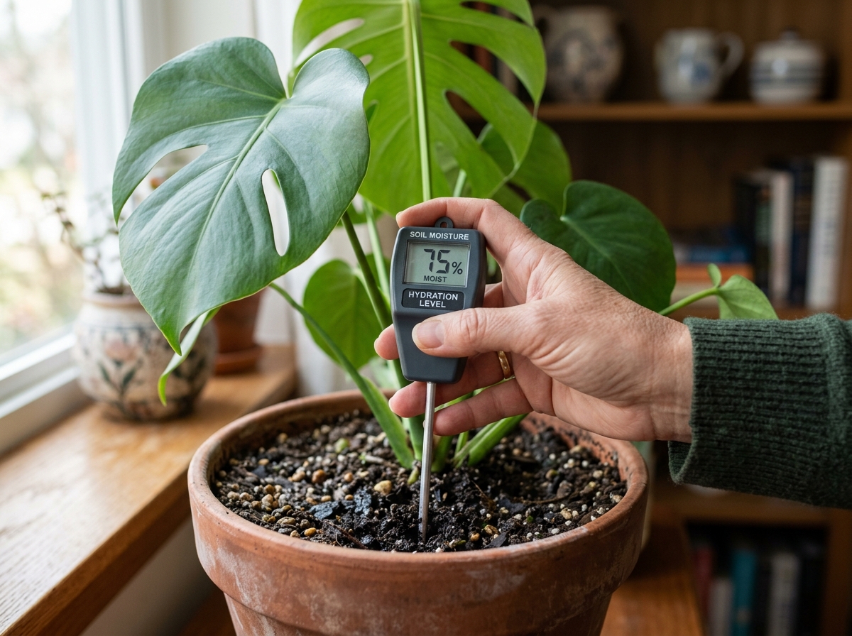 using a moisture meter to check soil hydration in a potted plant - low light plant watering guide