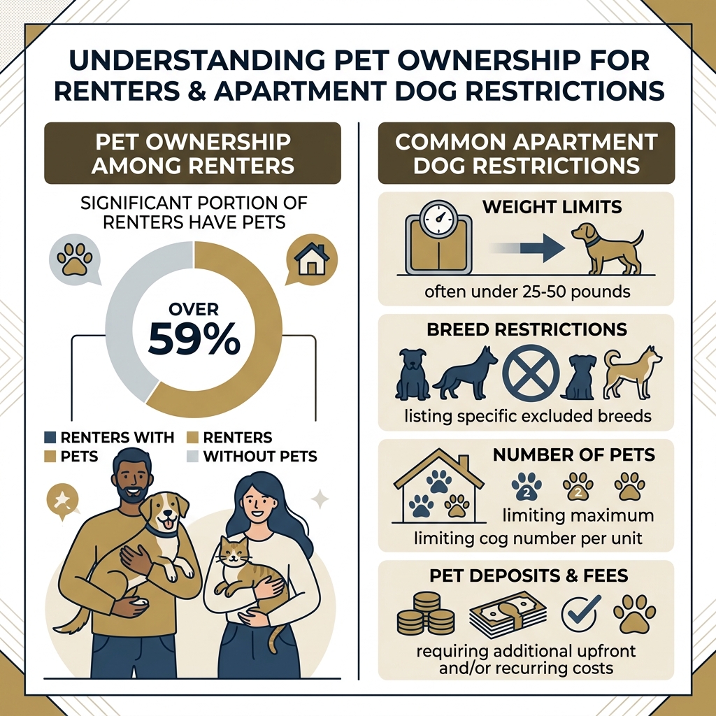 infographic showing pet ownership statistics among renters and common apartment dog restrictions - apartments that allow big