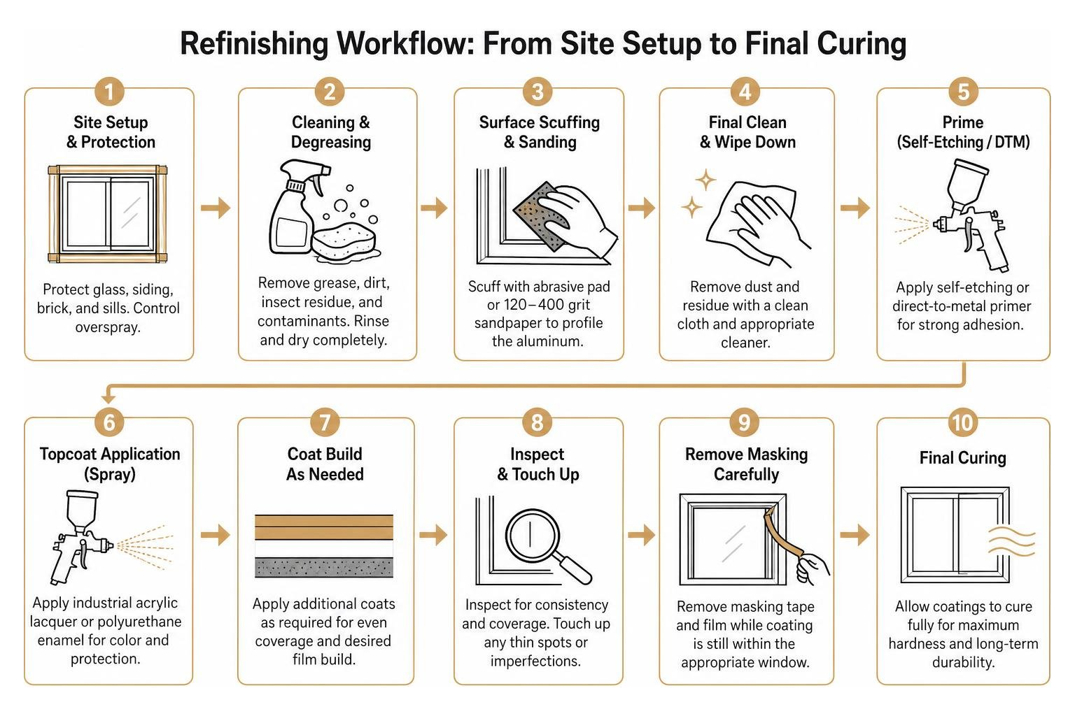 Refinishing workflow from site setup to final curing Refinishing workflow from site setup to final curing