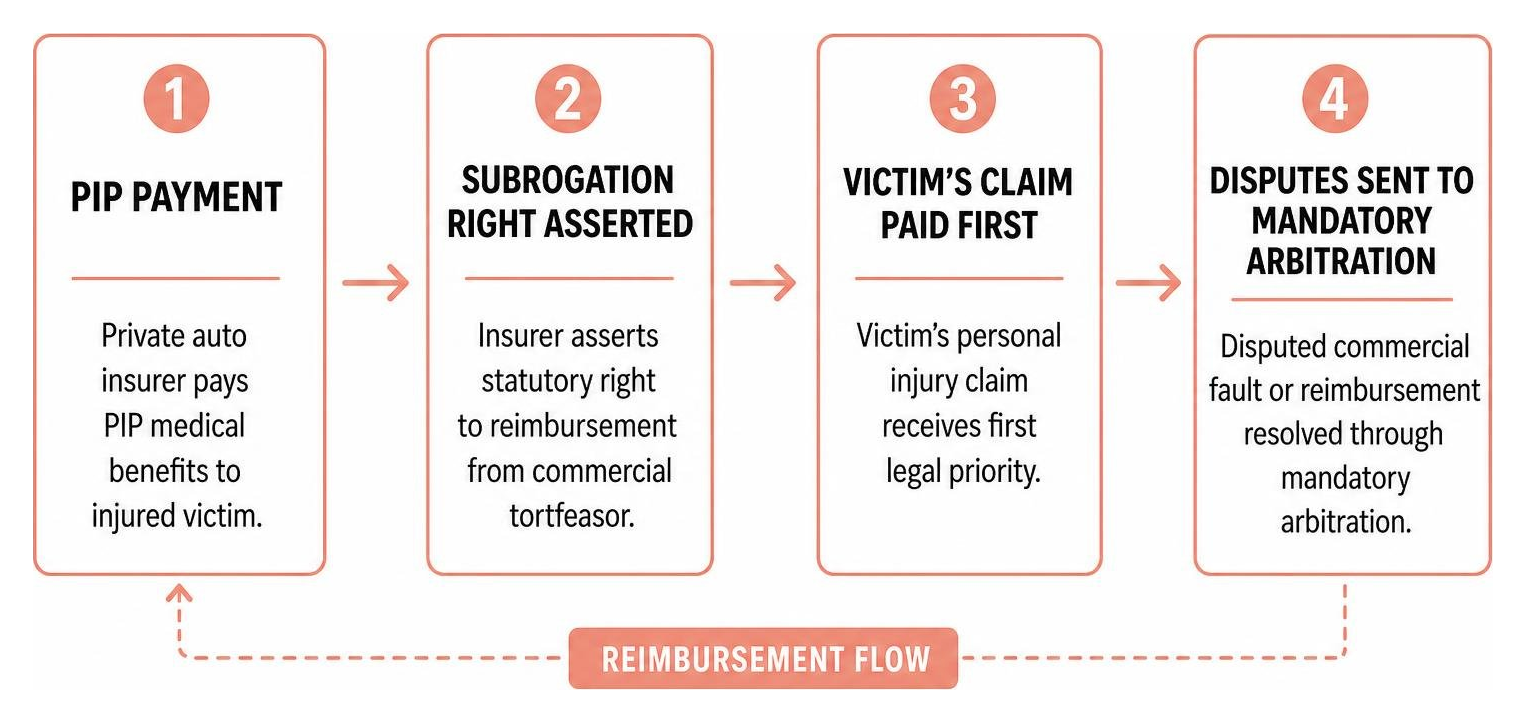 Diagram illustrating PIP reimbursement flow between auto insurers and commercial fleet carriers