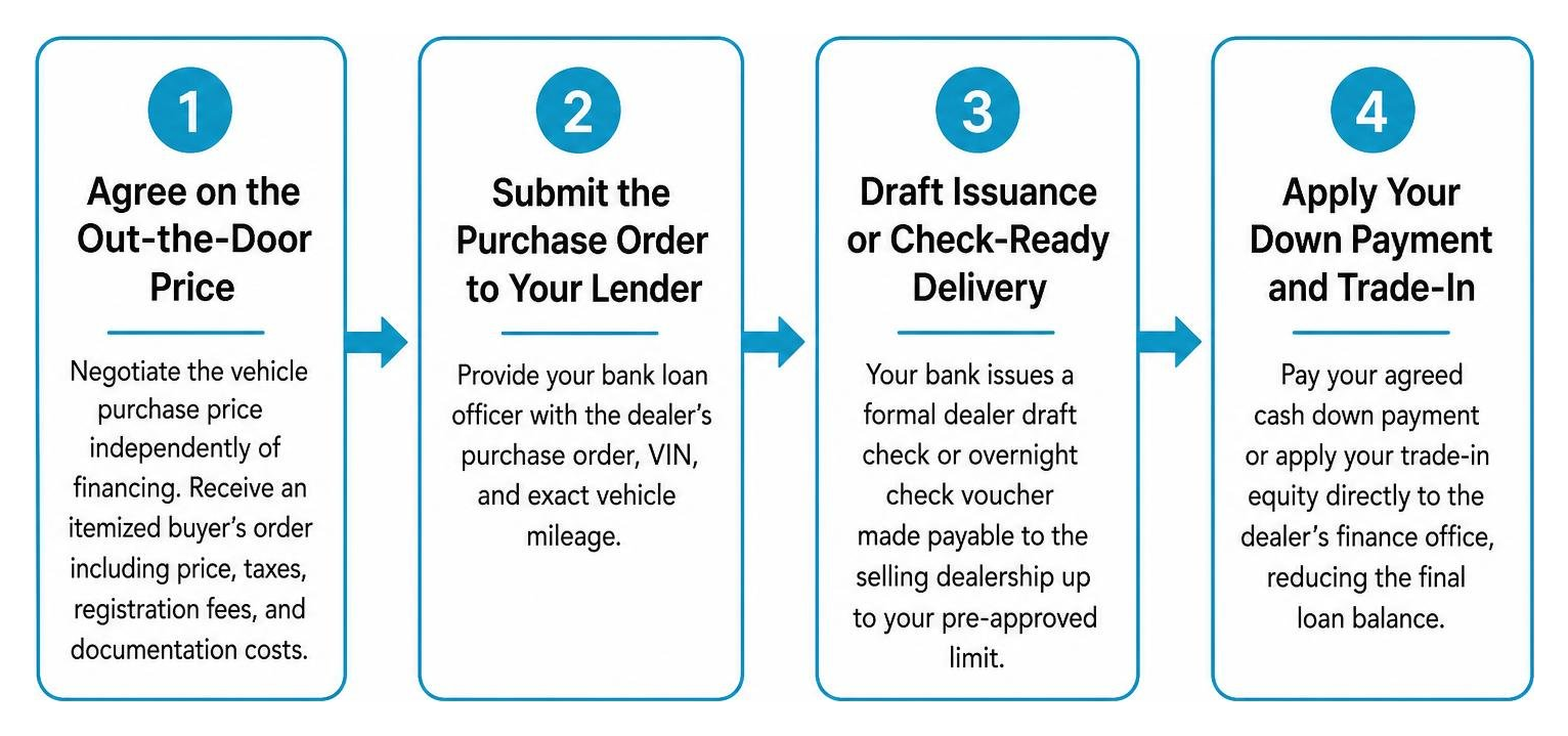 Step-by-step workflow for purchasing a car using bank financing Step-by-step workflow for purchasing a car using bank financing