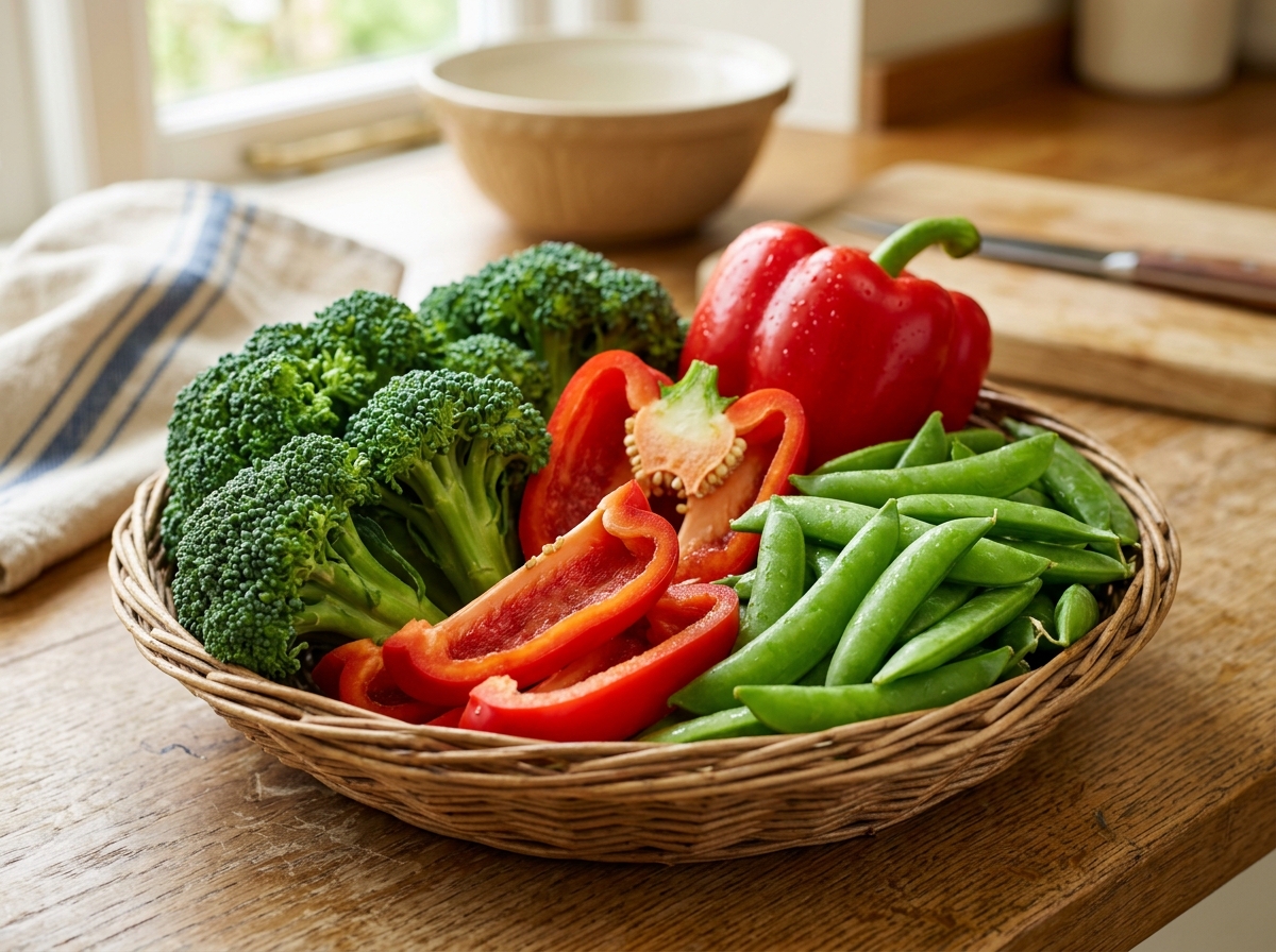 Fresh colorful vegetables including broccoli, red bell peppers, and snap peas - beef stir fry healthy recipe