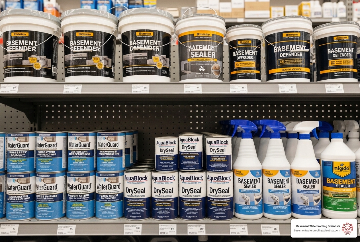 various basement sealer products on a shelf - water sealer for basement walls