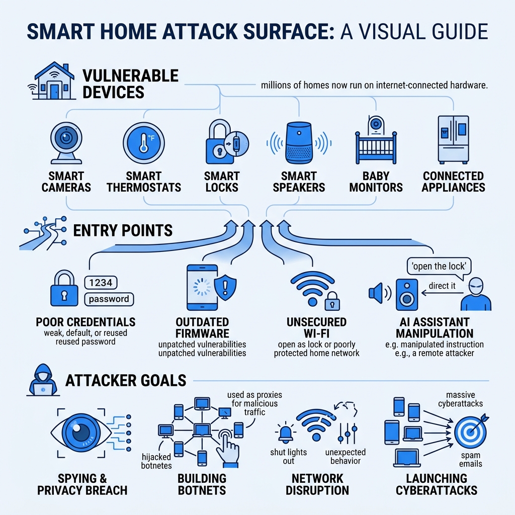 Smart home attack surface infographic showing vulnerable devices, entry points, and attacker goals - Smart home hijacking