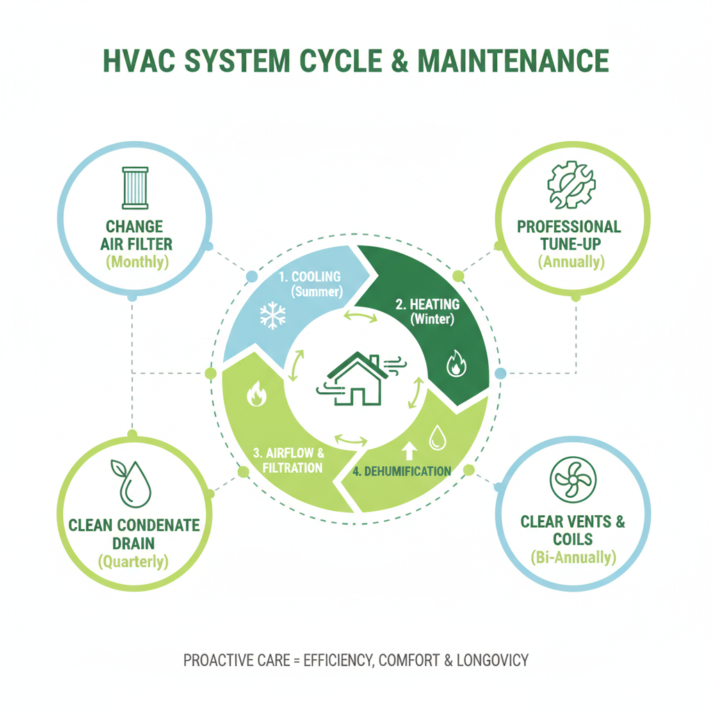 Infographic explaining the cycle of an HVAC system and key maintenance points - HVAC system maintenance infographic