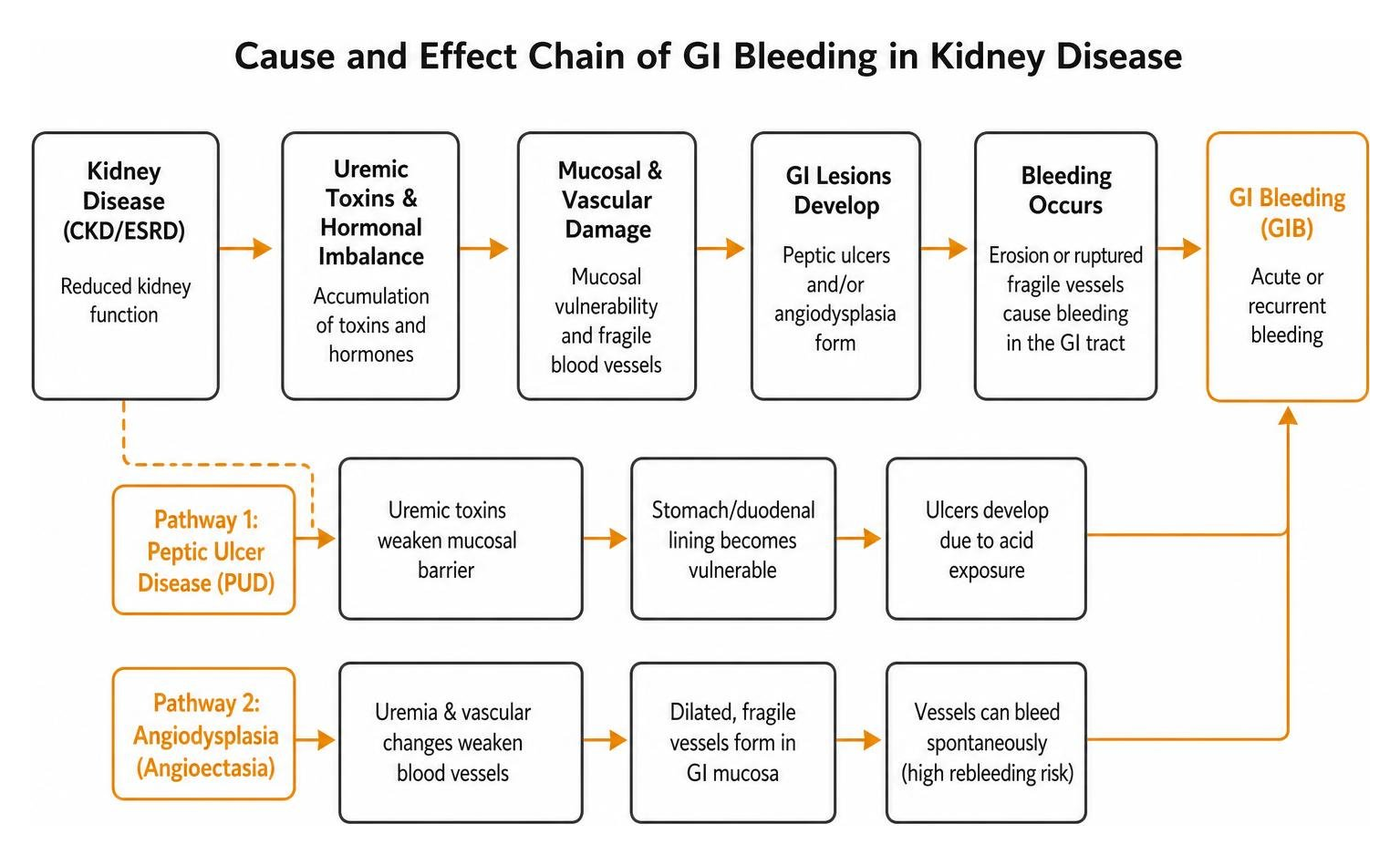 Cause and effect chain of GI bleeding in kidney disease Cause and effect chain of GI bleeding in kidney disease