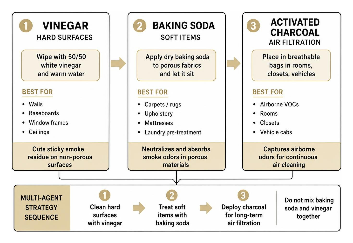 A multi-agent approach using vinegar on hard surfaces, baking soda on soft items, and charcoal for air filtration A multi-agent approach using vinegar on hard surfaces, baking soda on soft items, and charcoal for air filtration