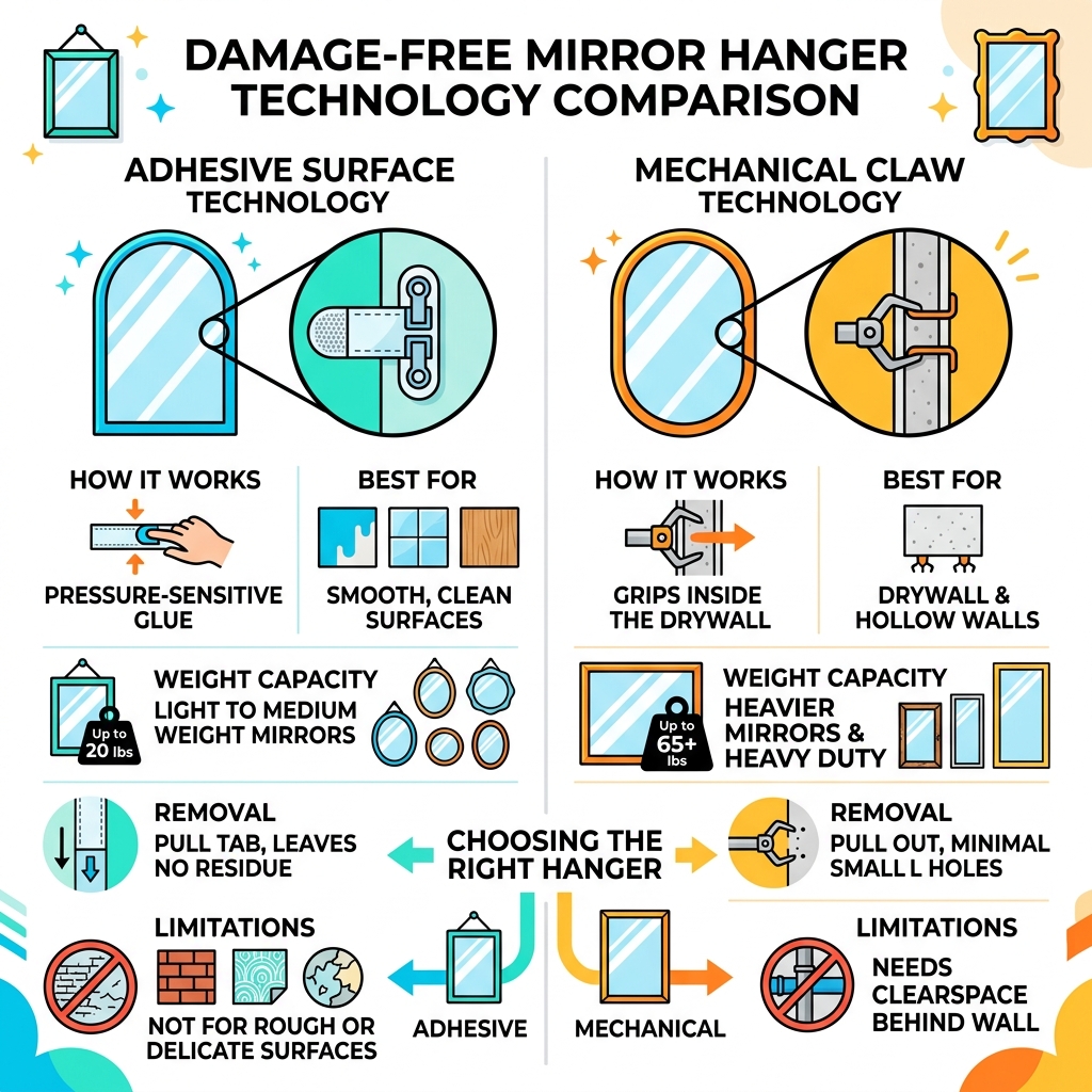 Adhesive vs mechanical damage-free mirror hanger technology comparison infographic - damage free mirror hangers infographic Adhesive vs mechanical damage-free mirror hanger technology comparison infographic - damage free mirror hangers infographic