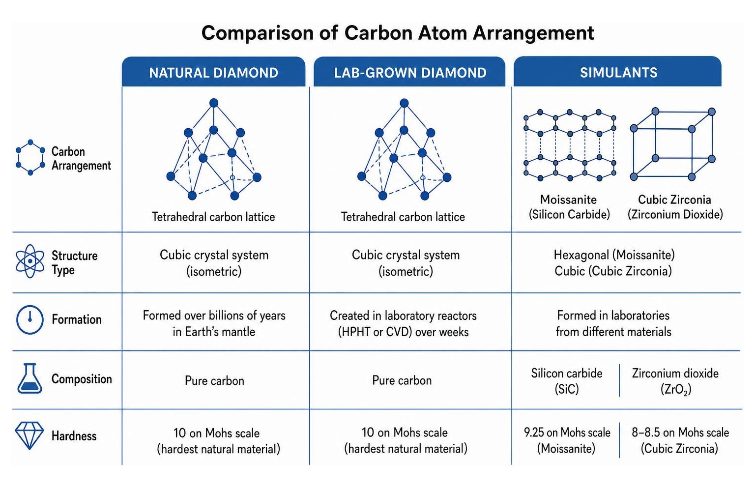 Comparison of carbon atom arrangement in natural diamonds versus lab-grown and simulants Comparison of carbon atom arrangement in natural diamonds versus lab-grown and simulants