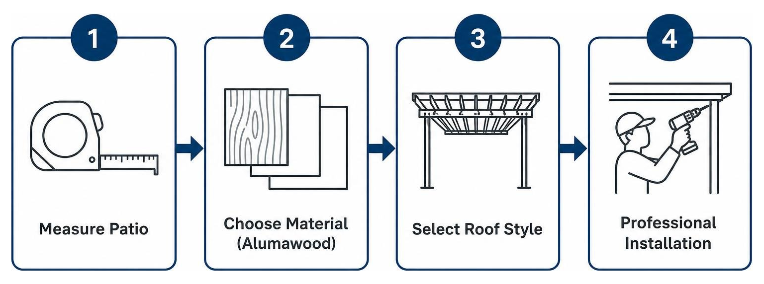 Diagram of the planning process: 1. Measure patio, 2. Choose material (Alumawood), 3. Select roof style, 4. Professional Diagram of the planning process: 1. Measure patio, 2. Choose material (Alumawood), 3. Select roof style, 4. Professional