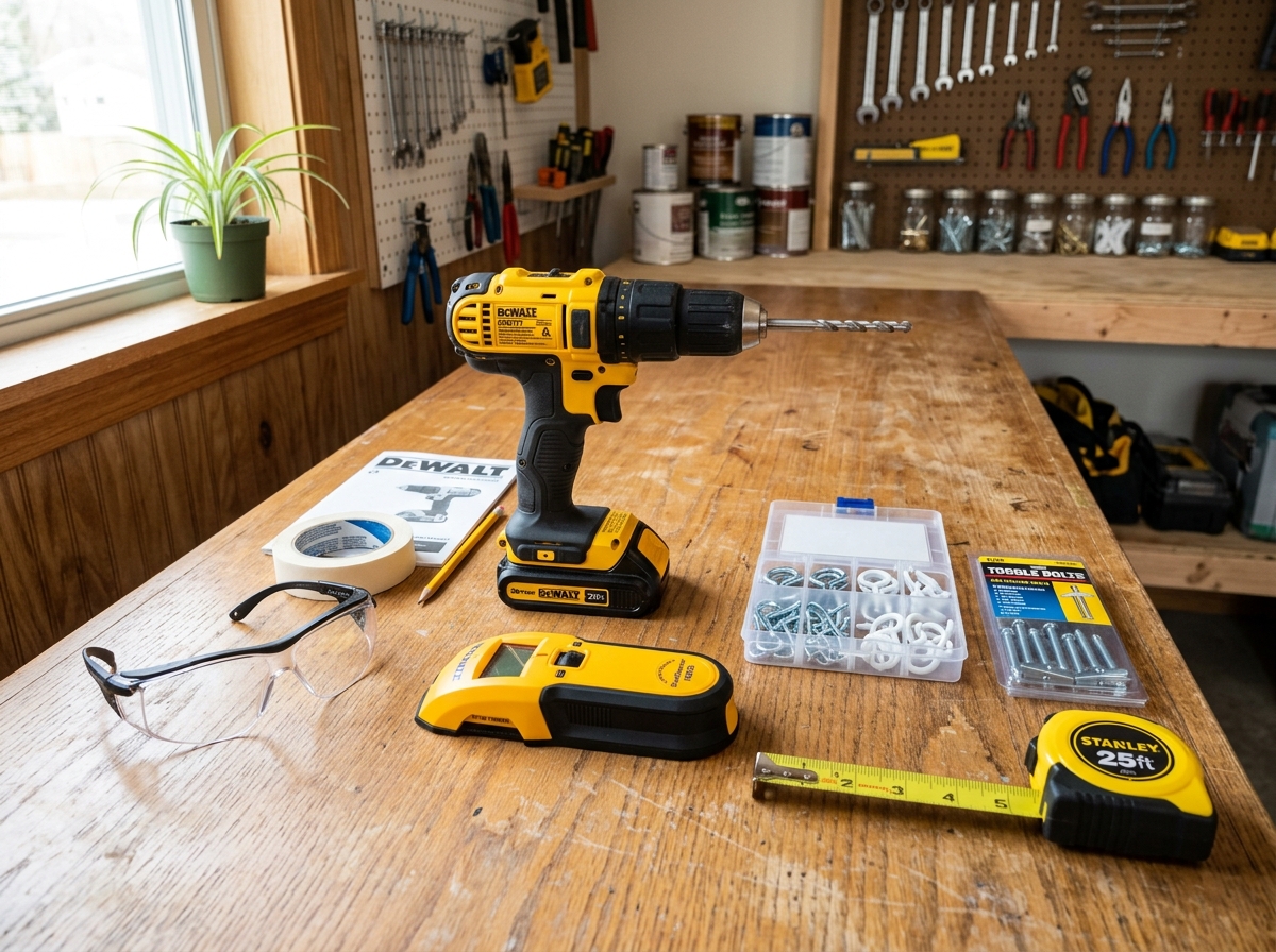 DIY toolkit for plant installation including drill, stud finder, and various hooks - how to hang hanging baskets inside DIY toolkit for plant installation including drill, stud finder, and various hooks - how to hang hanging baskets inside