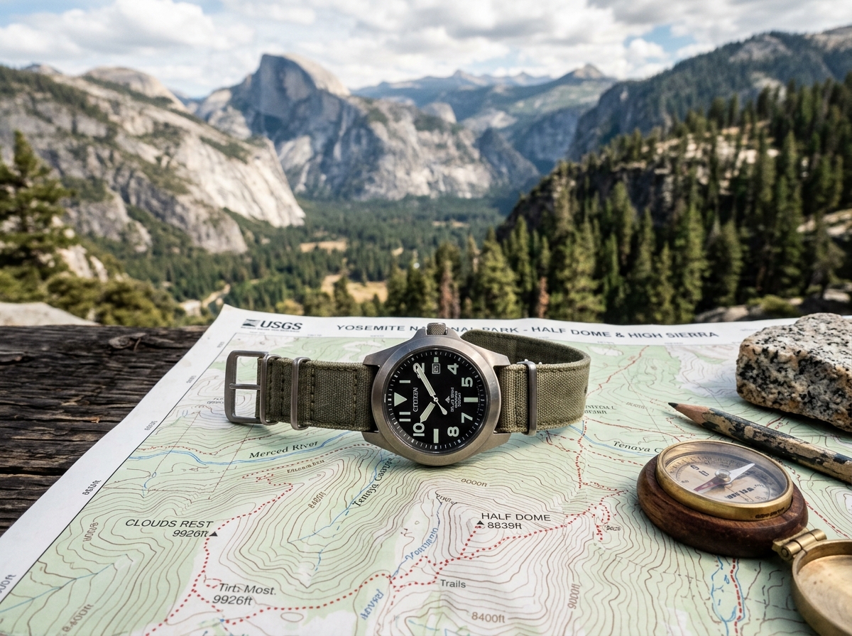 Rugged solar field watch on a map in the wilderness - best solar powered watches