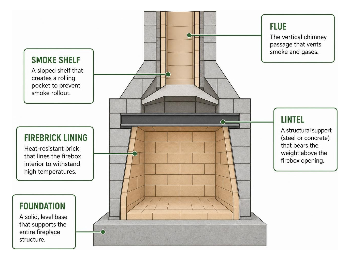Firebox anatomy: foundation, firebrick lining, lintel, smoke shelf, flue Firebox anatomy: foundation, firebrick lining, lintel, smoke shelf, flue