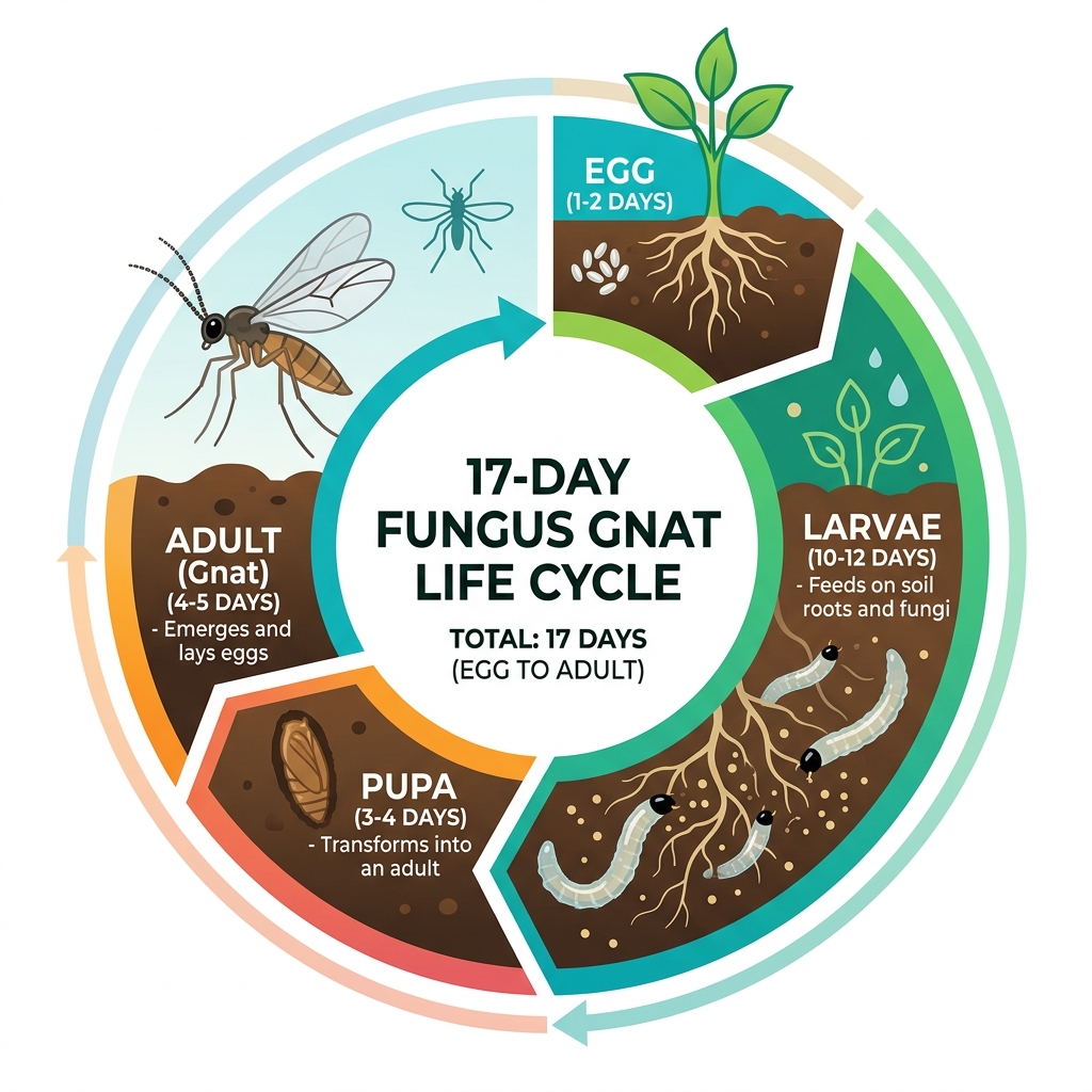 17-day fungus gnat life cycle from egg to larvae to pupa to adult - get rid fungus gnats infographic 