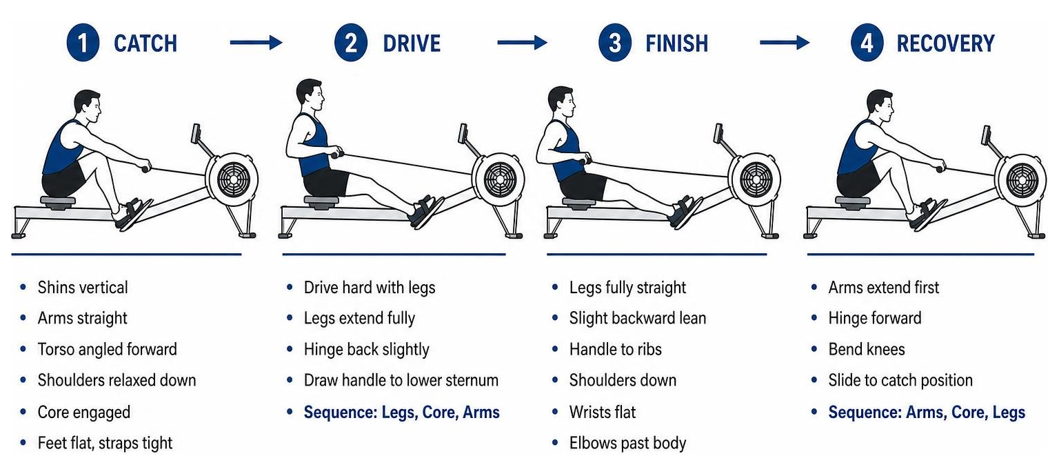 Sequential phases of the rowing stroke from catch to recovery Sequential phases of the rowing stroke from catch to recovery
