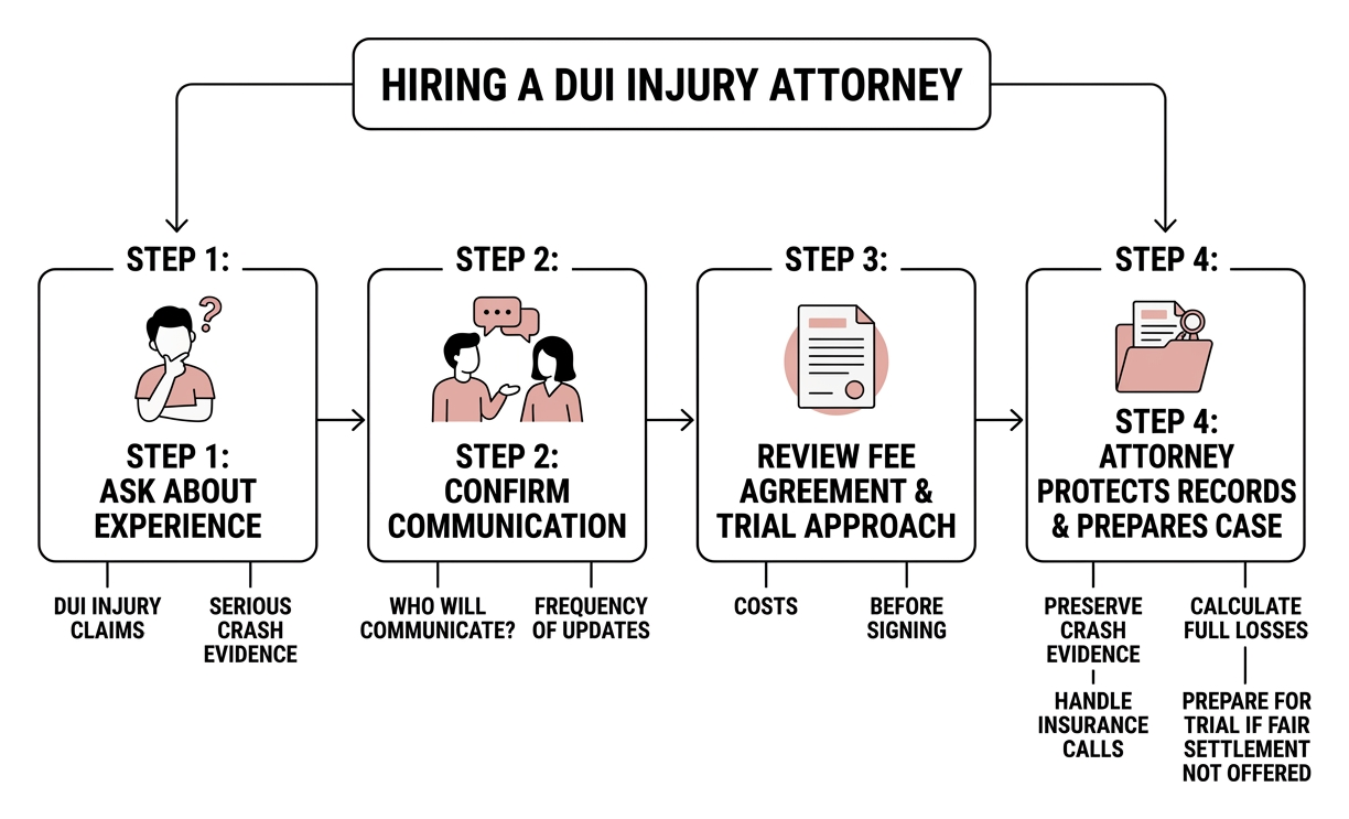Infographic showing how to hire an injury attorney after a DUI crash Infographic showing how to hire an injury attorney after a DUI crash