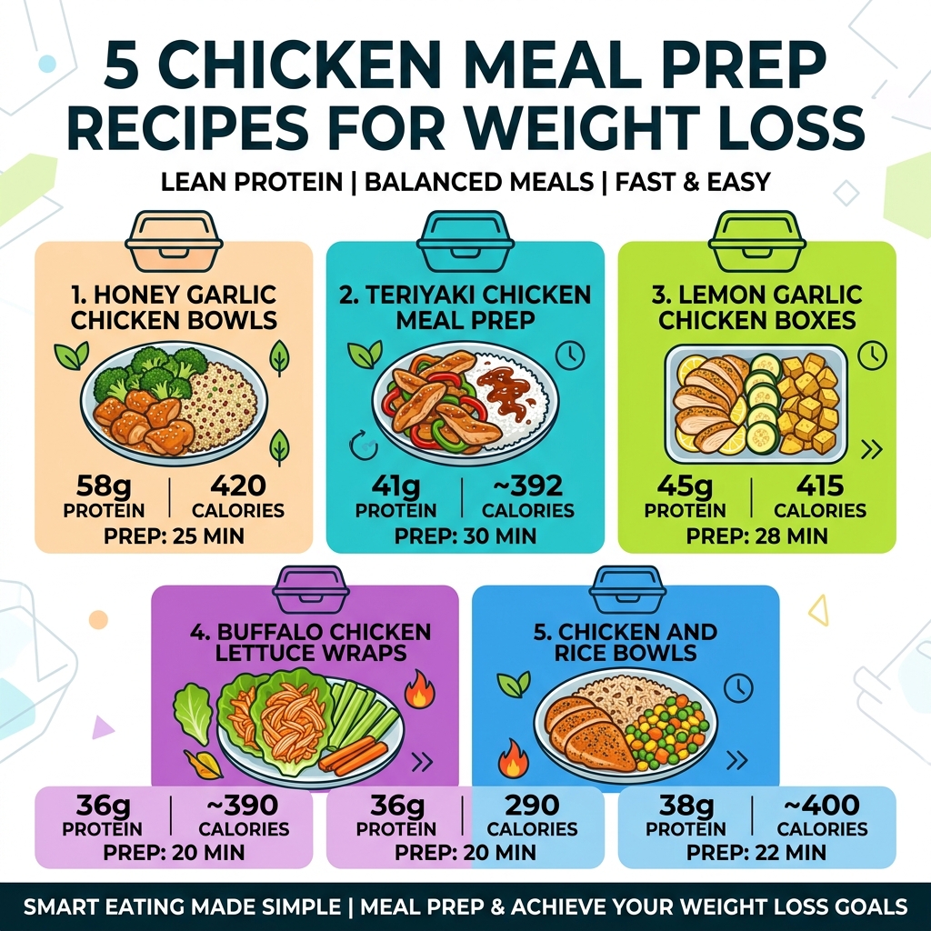 Infographic showing 5 chicken meal prep recipes with protein, calories, and prep time for weight loss - chicken meal prep
